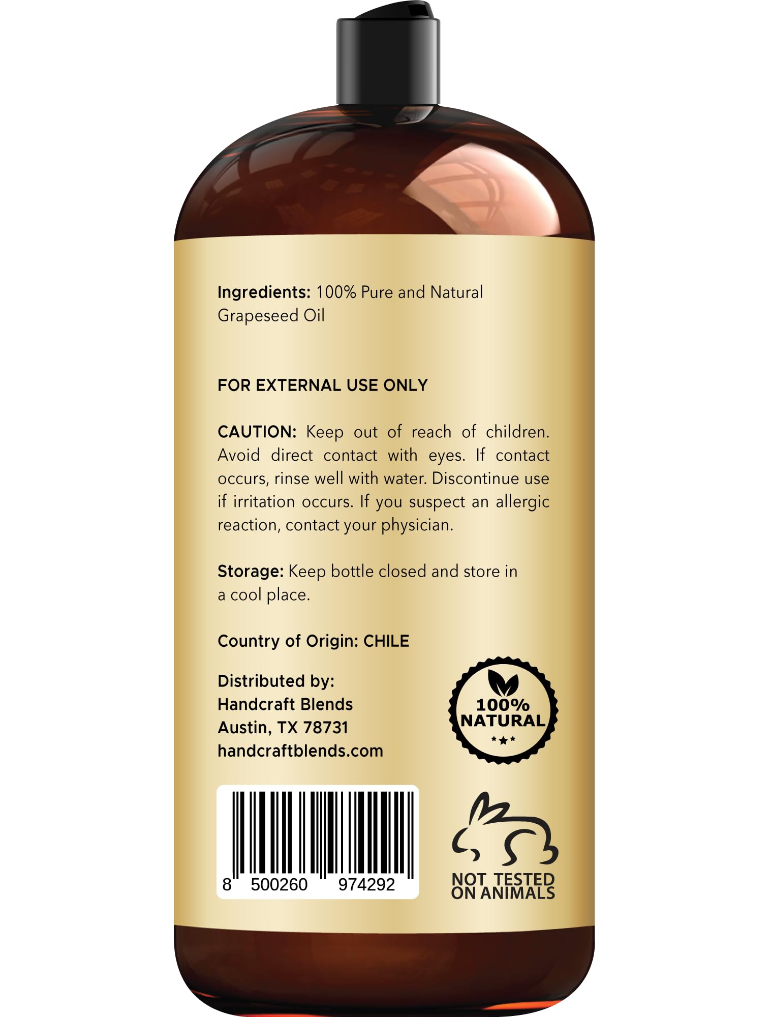 Handcraft Blends Grapeseed Oil bottle label shows hexane-free and preservative-free formulation.
