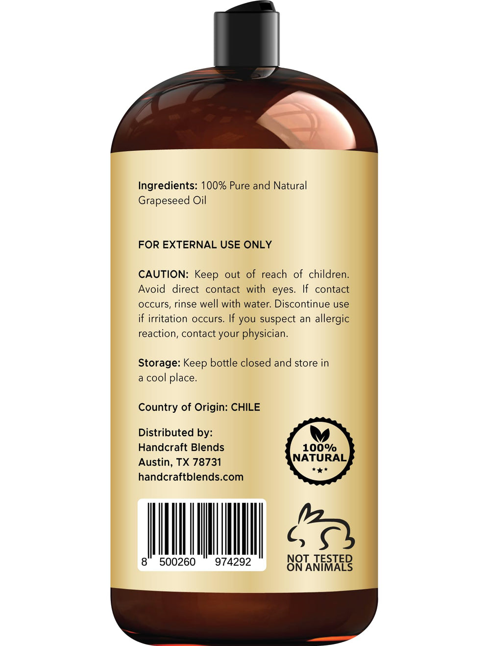 Handcraft Blends Grapeseed Oil bottle label shows hexane-free and preservative-free formulation.