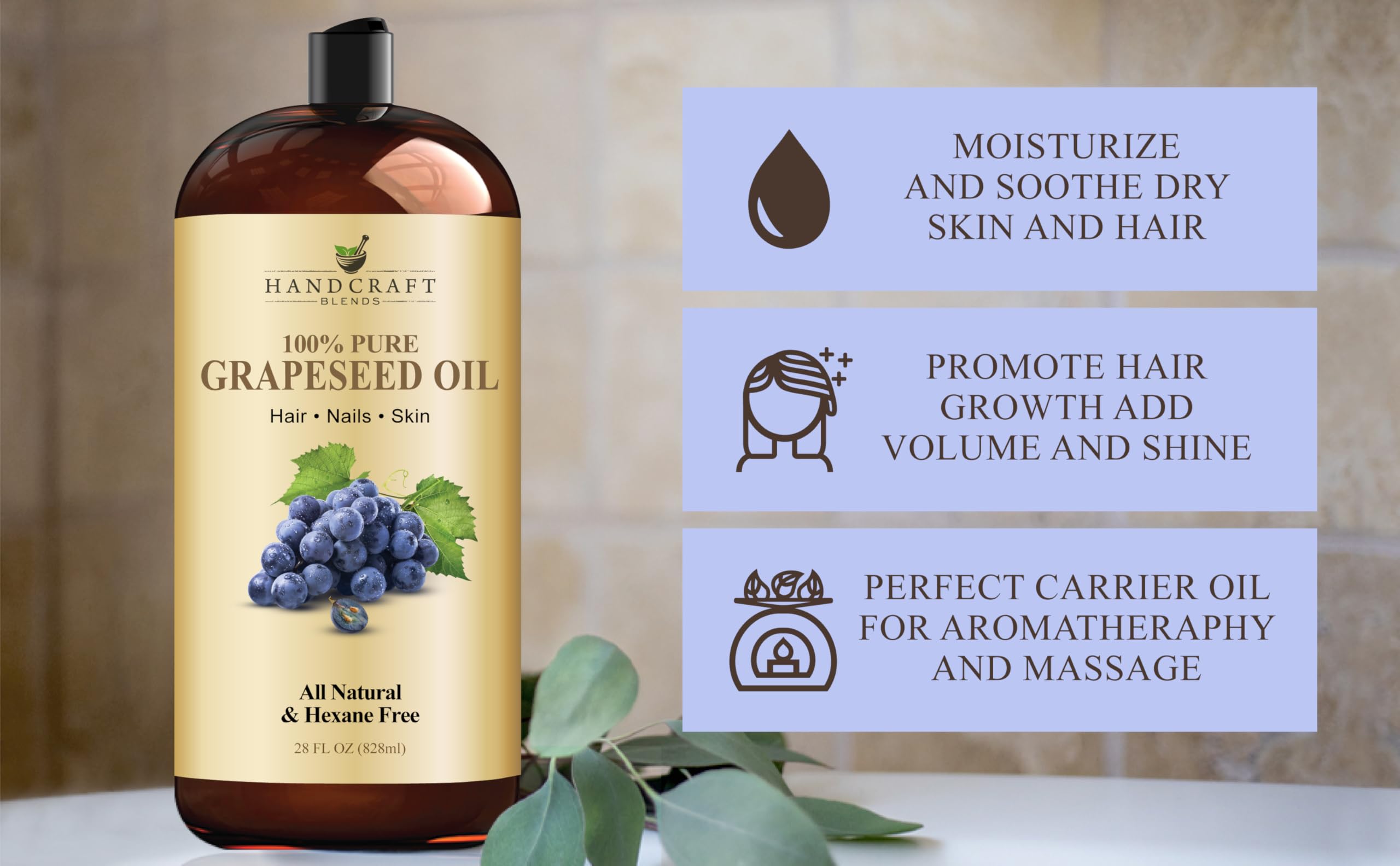 Handcraft Blends Grapeseed Oil bottle highlight vitamins and natural goodness for beauty routines.