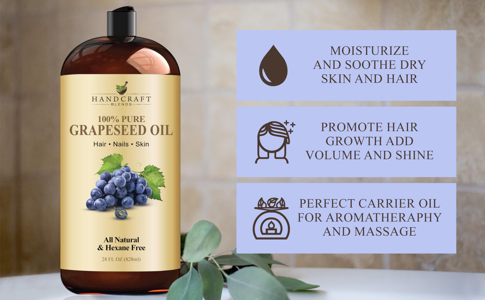 Handcraft Blends Grapeseed Oil bottle highlight vitamins and natural goodness for beauty routines.