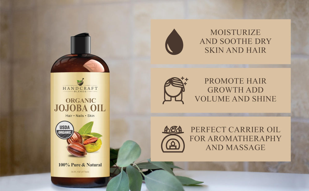Handcraft Blends Jojoba Oil label close-up, emphasizing USDA Organic and hexane-free quality.