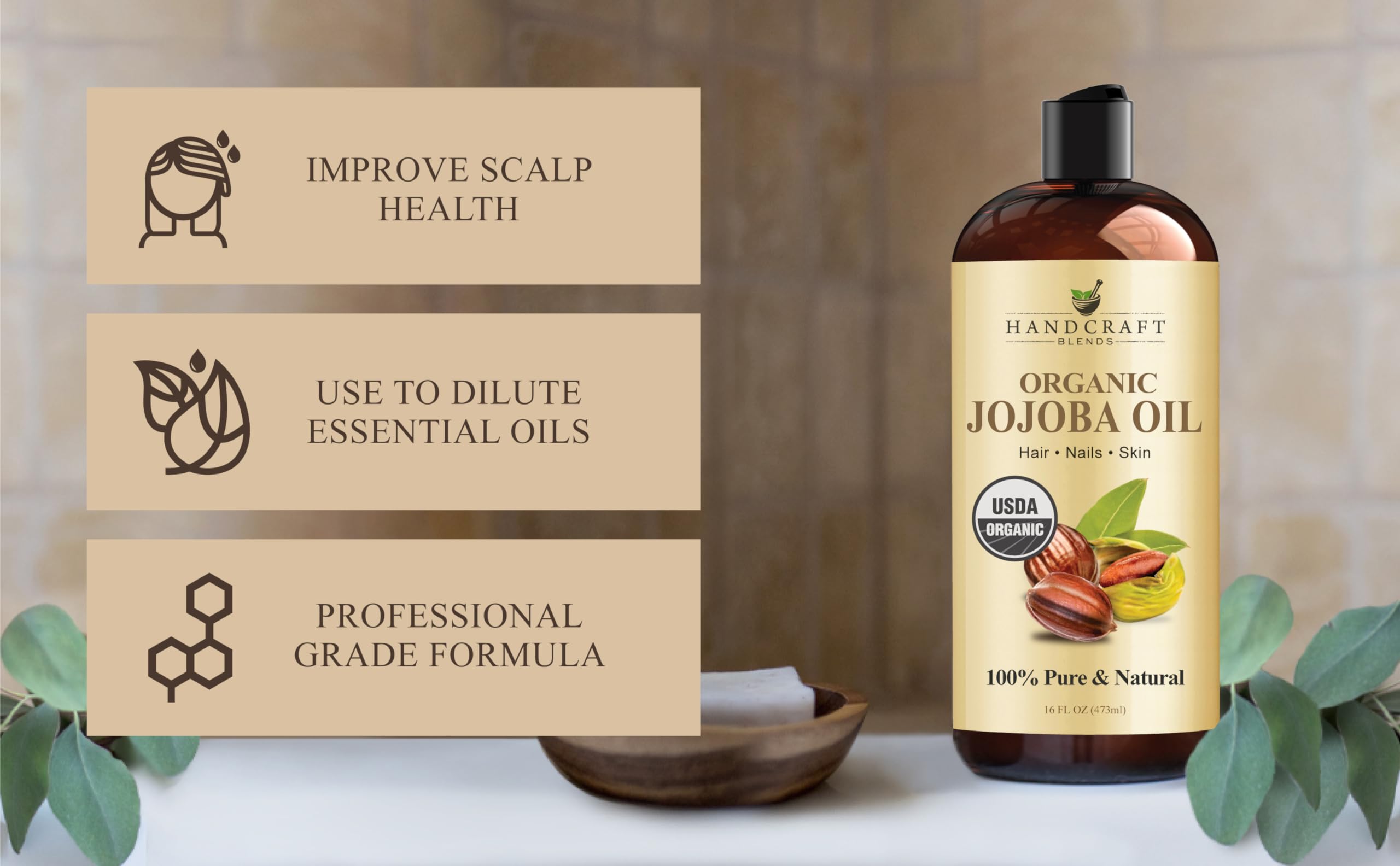 Handcraft Blends Jojoba Oil in hair scene, demonstrating frizz control and shine.
