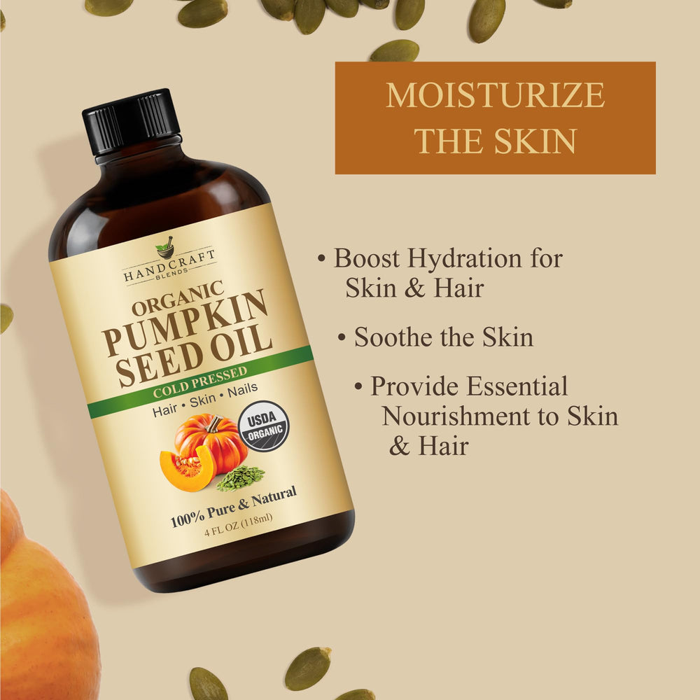 Handcraft Blends pumpkin seeds and oil highlighting organic source and natural nutrients