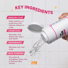 Handmade Heroes dry shampoo application process: shake and apply for texture.