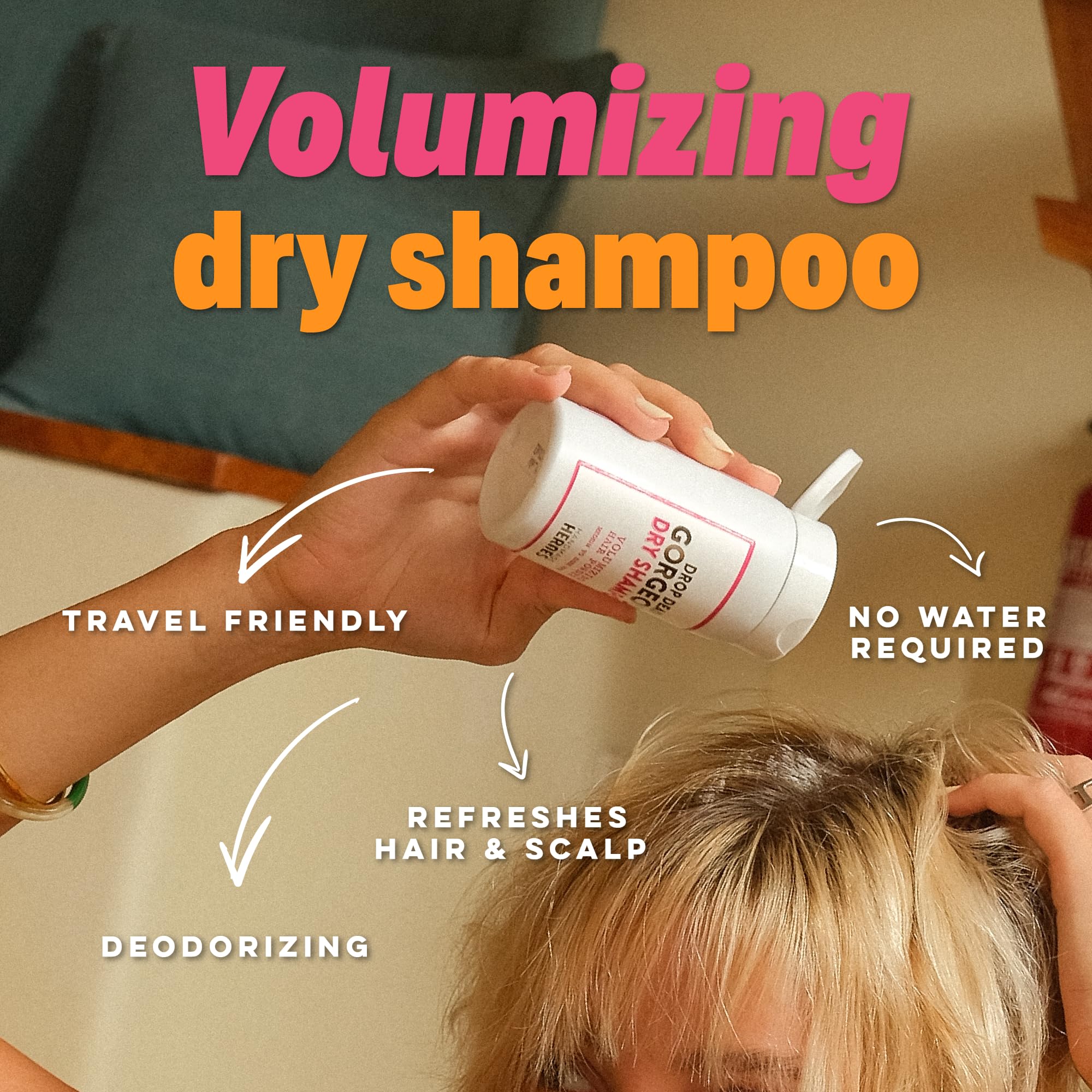 Handmade Heroes non-aerosol dry shampoo volume powder application close-up on roots.