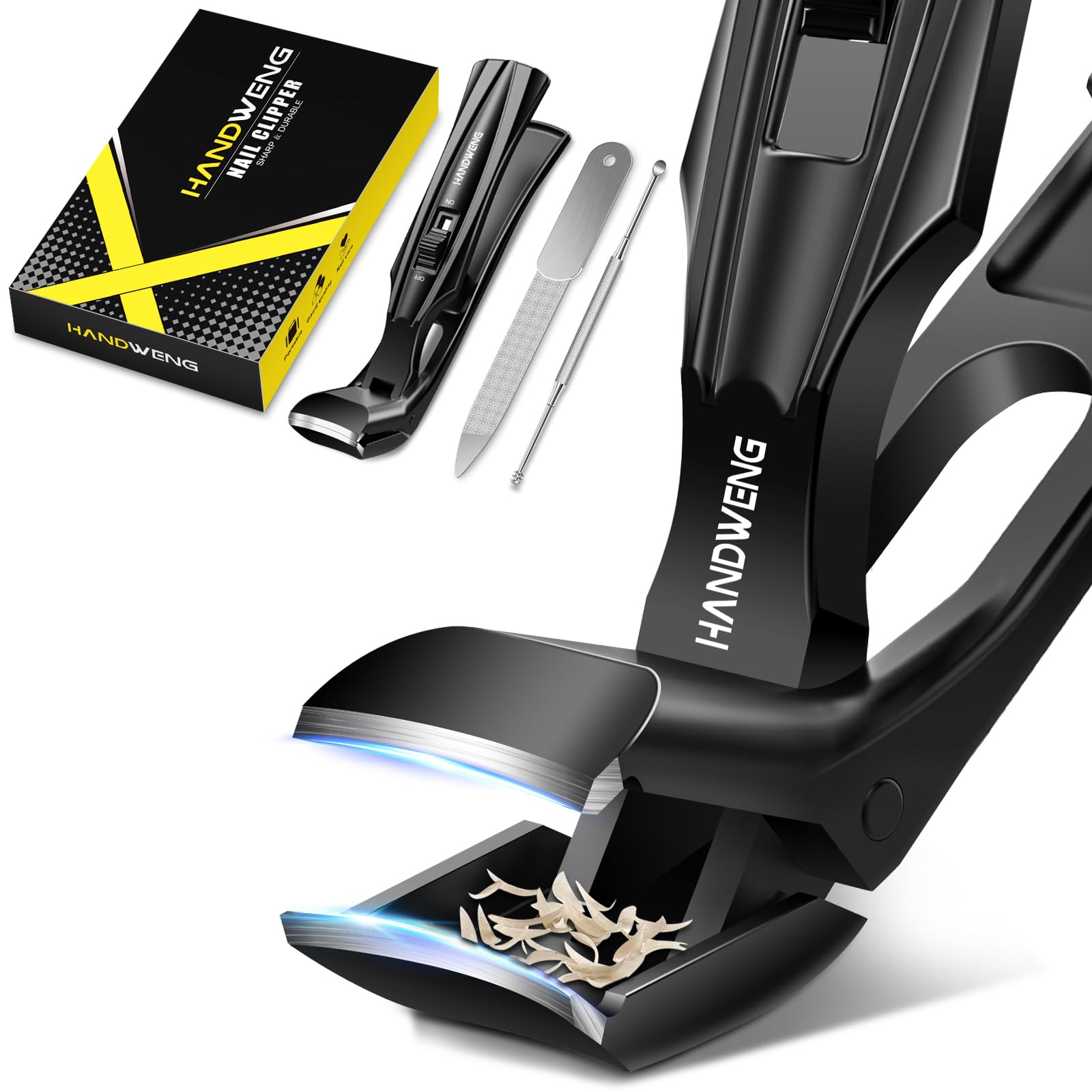 HANDWENG angled head toenail clippers for thick nails offer precise trims with ergonomic comfort.