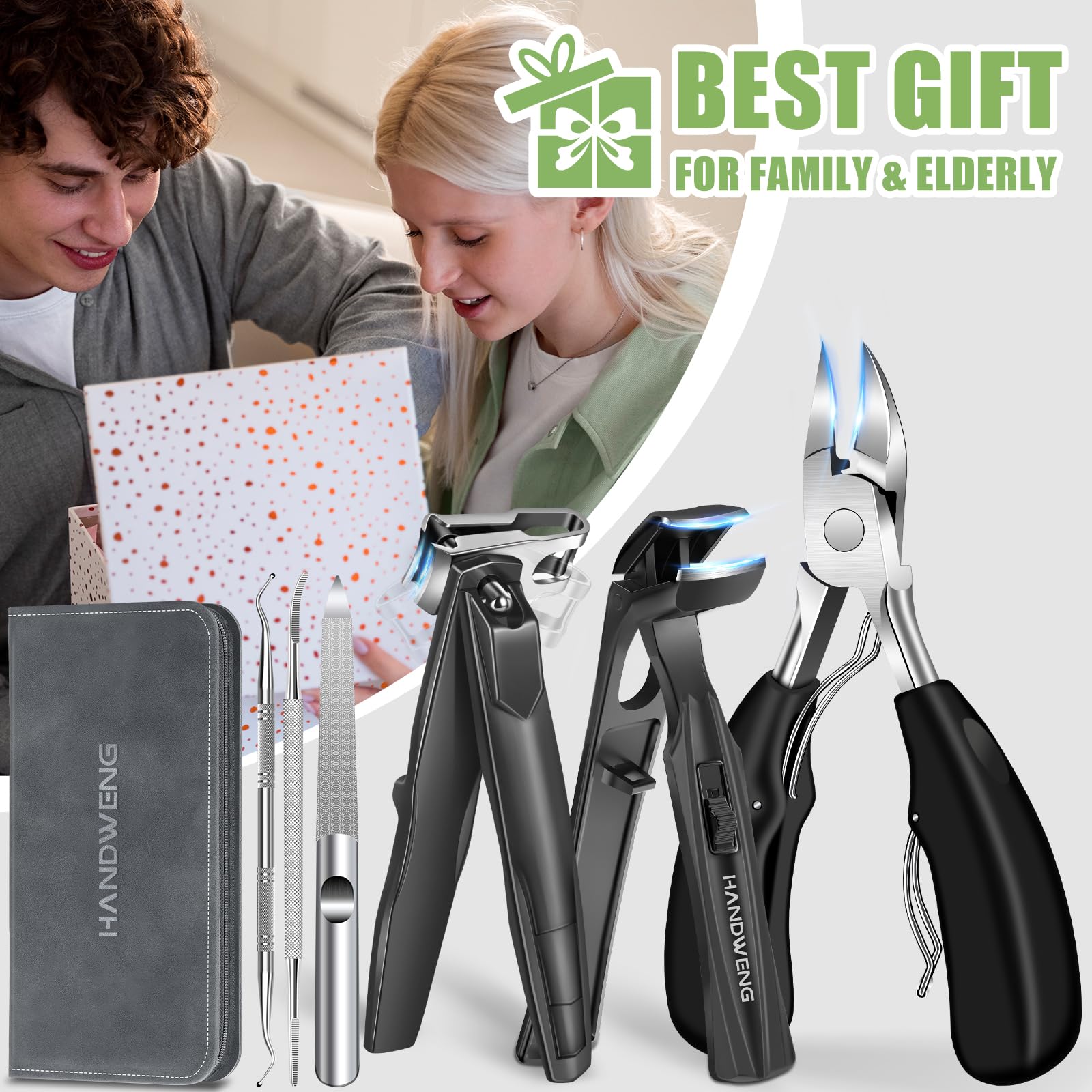 HANDWENG heavy-duty toenail clippers designed for seniors and thick nails.