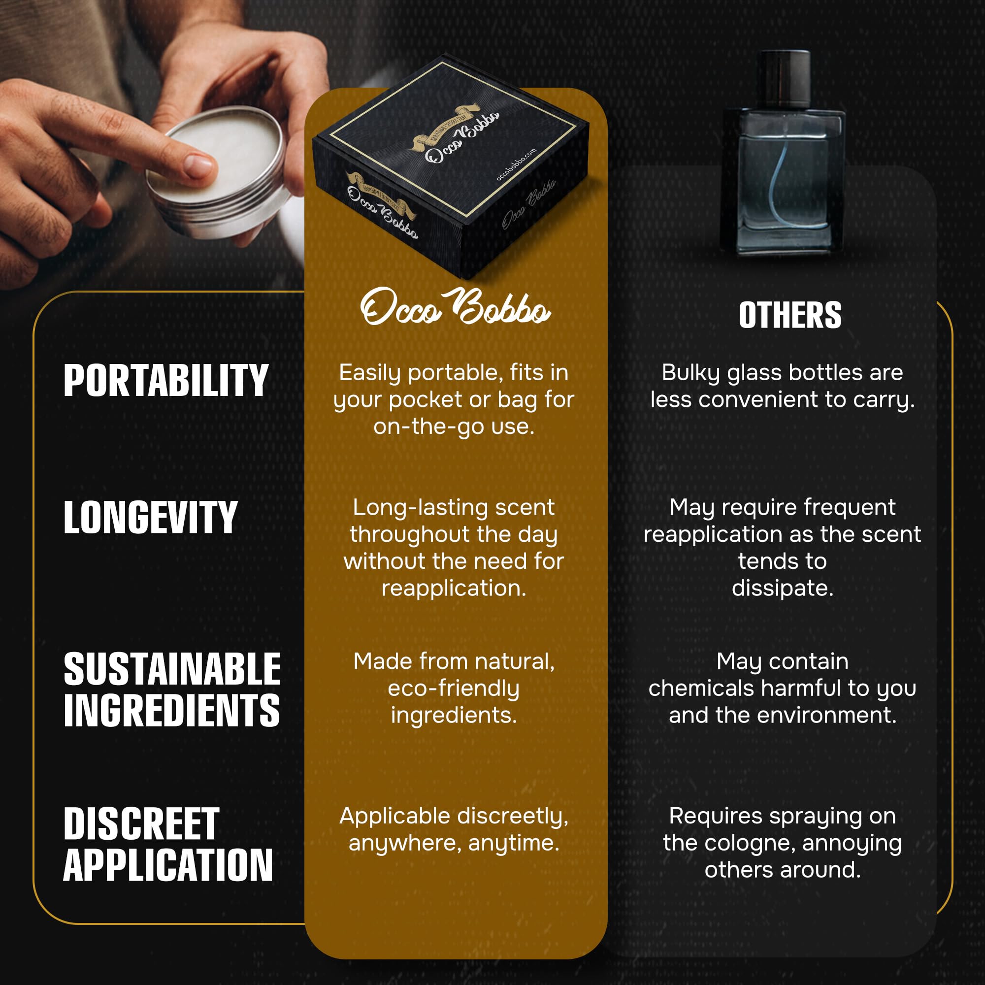 Handy Hound Occo Bobbo solid cologne balm application on skin