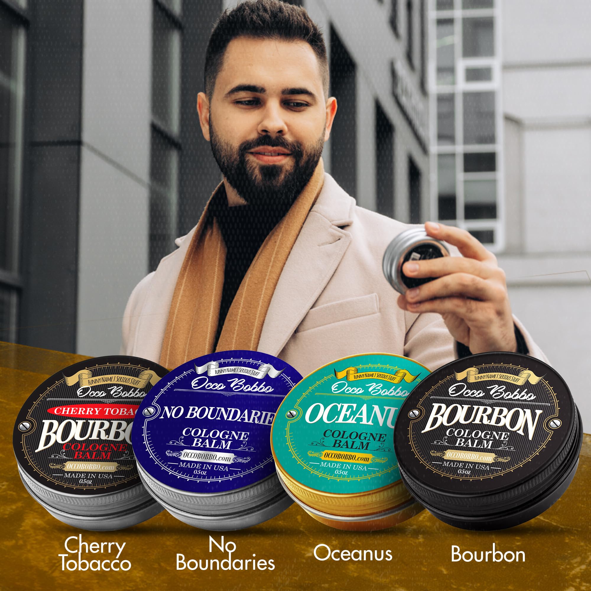 Handy Hound Occo Bobbo solid cologne set close-up tins with varied scents for occasions
