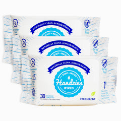 Handzies Free&Clear towelettes front pack showing compact travel size for on-the-go cleaning.