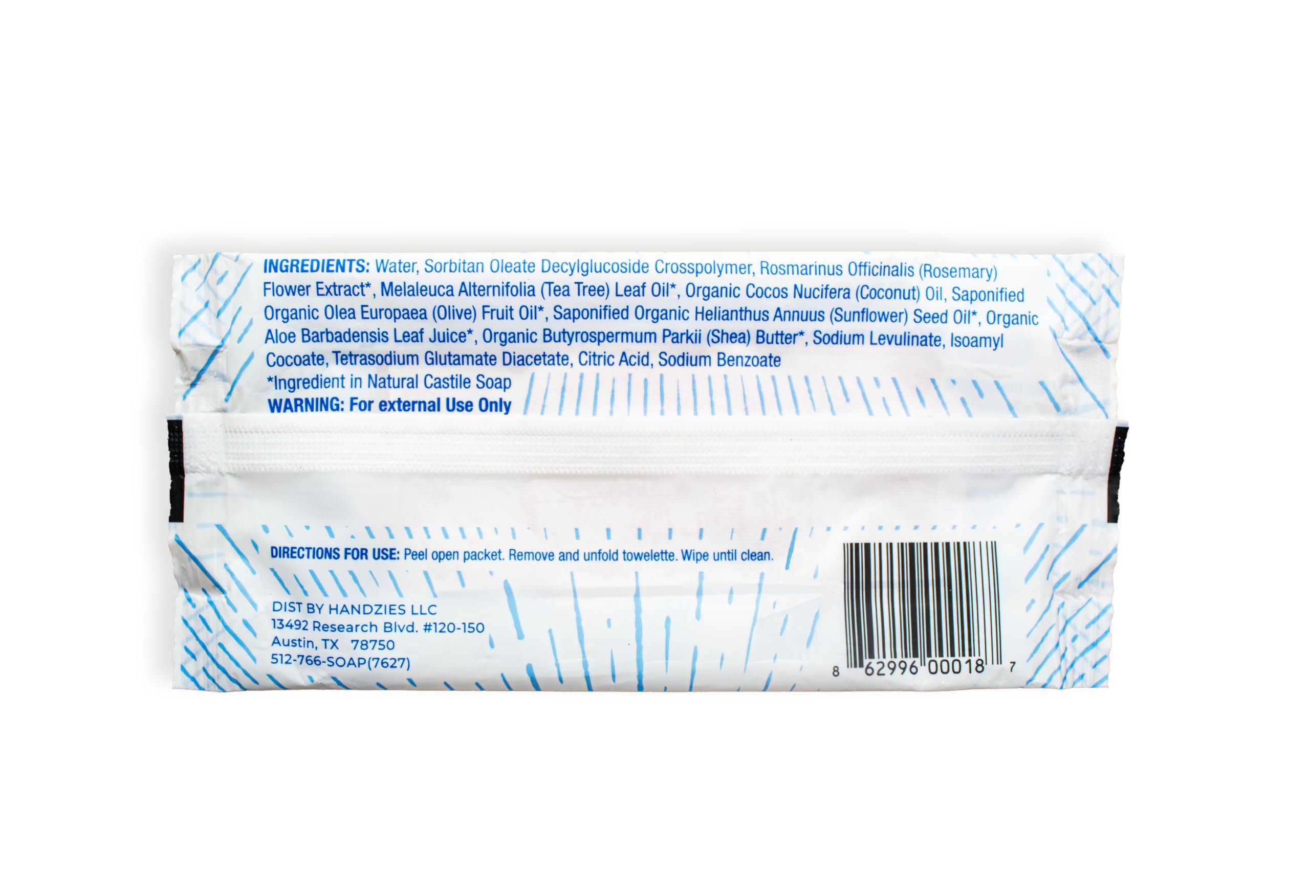 Handzies Free&Clear towelettes soft-pack closeup highlighting fragrance-free formula for sensitive skin.