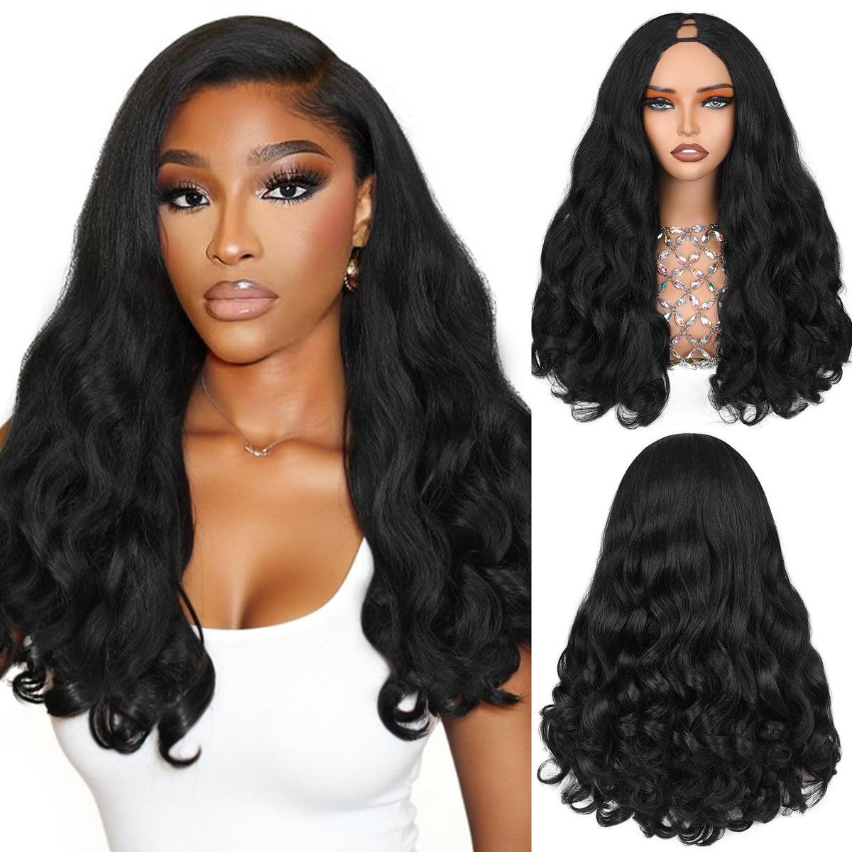 HANNE Yaki Curly V Part Wig natural black front view for daily wear
