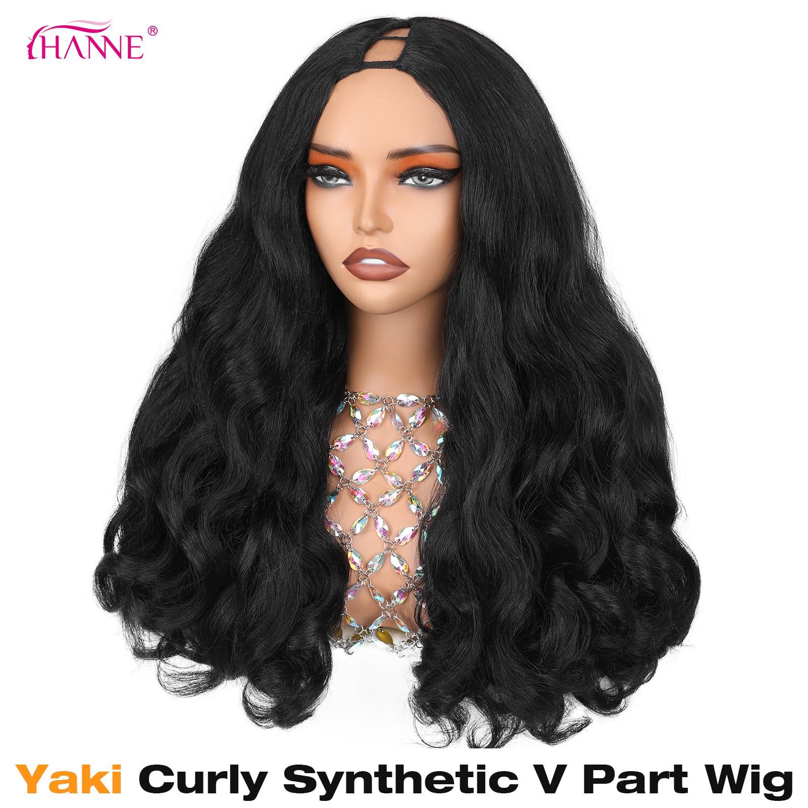 HANNE Yaki Curly V Part Wig natural black side view for versatile styling