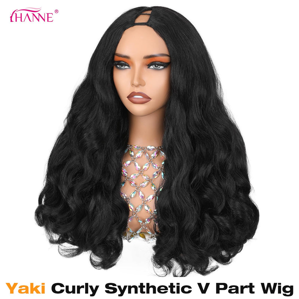 HANNE Yaki Curly V Part Wig natural black side view for versatile styling