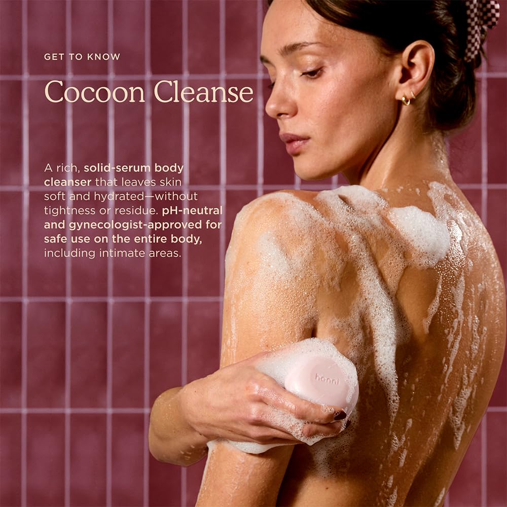 HANNI Cocoon Cleanse in-shower setup demonstrates easy body wash and shave prep.