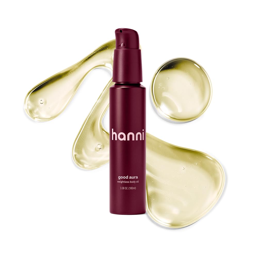HANNI Good Aura dry oil bottle shown for post-shower glow and quick hydration.