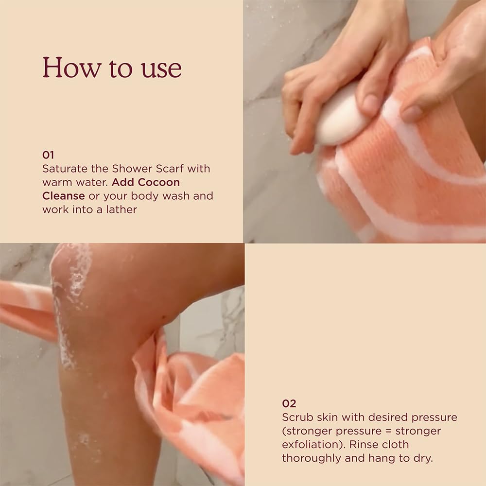 HANNI Shower Scarf wet with soap showing lather and back reach during shower.