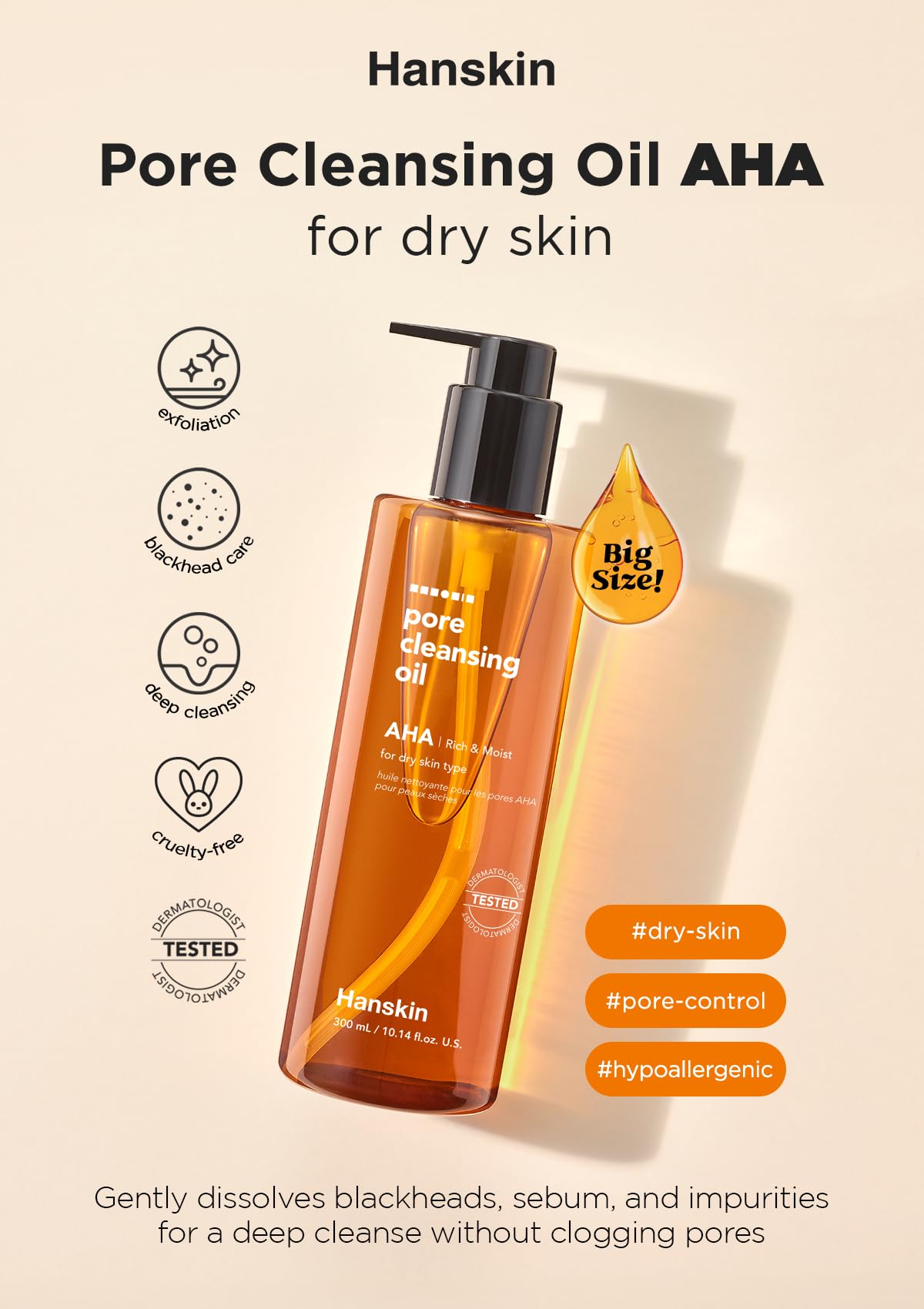 Hanskin AHA Pore Cleansing Oil dissolves waterproof makeup without eye irritation for refreshed skin.