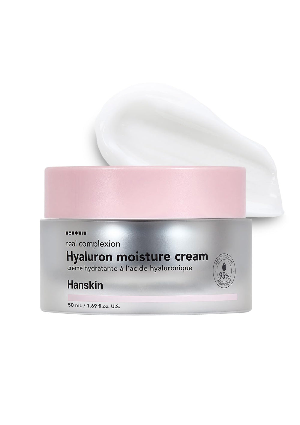 Hanskin Hyaluron Moisture Cream jar demonstrates deep hydration for dry skin.