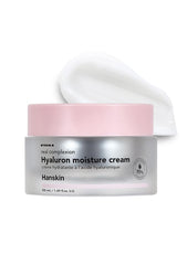 Hanskin Hyaluron Moisture Cream jar demonstrates deep hydration for dry skin.