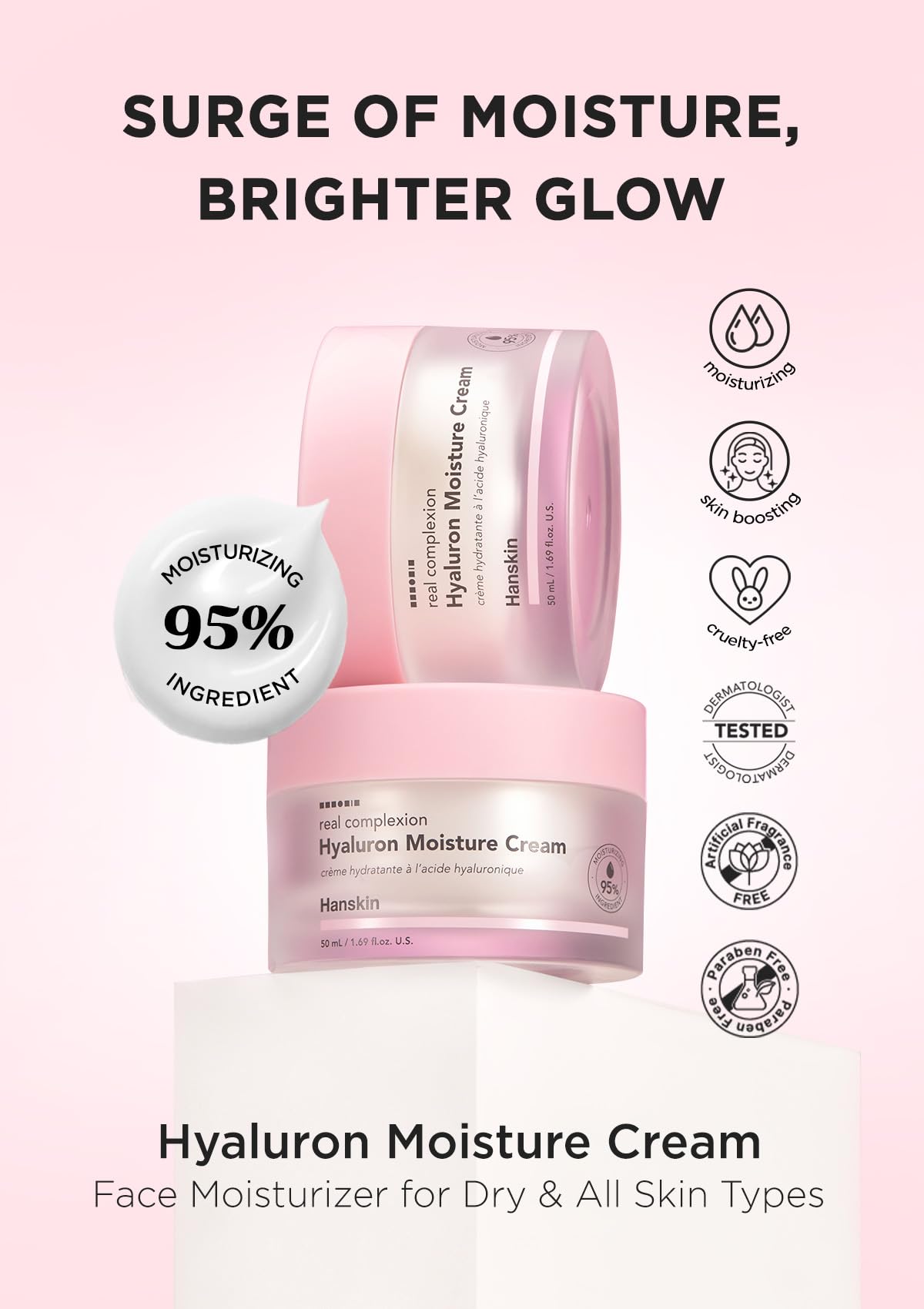 Hanskin Hyaluron Moisture Cream swirl shows a dewy texture and glow.