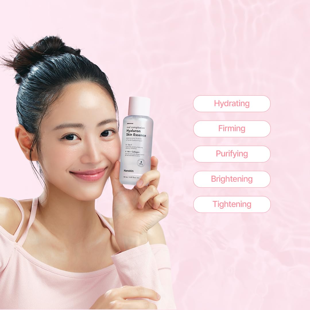 Hanskin Hyaluron Skin Essence Toner bottle angled shot for everyday hydration.