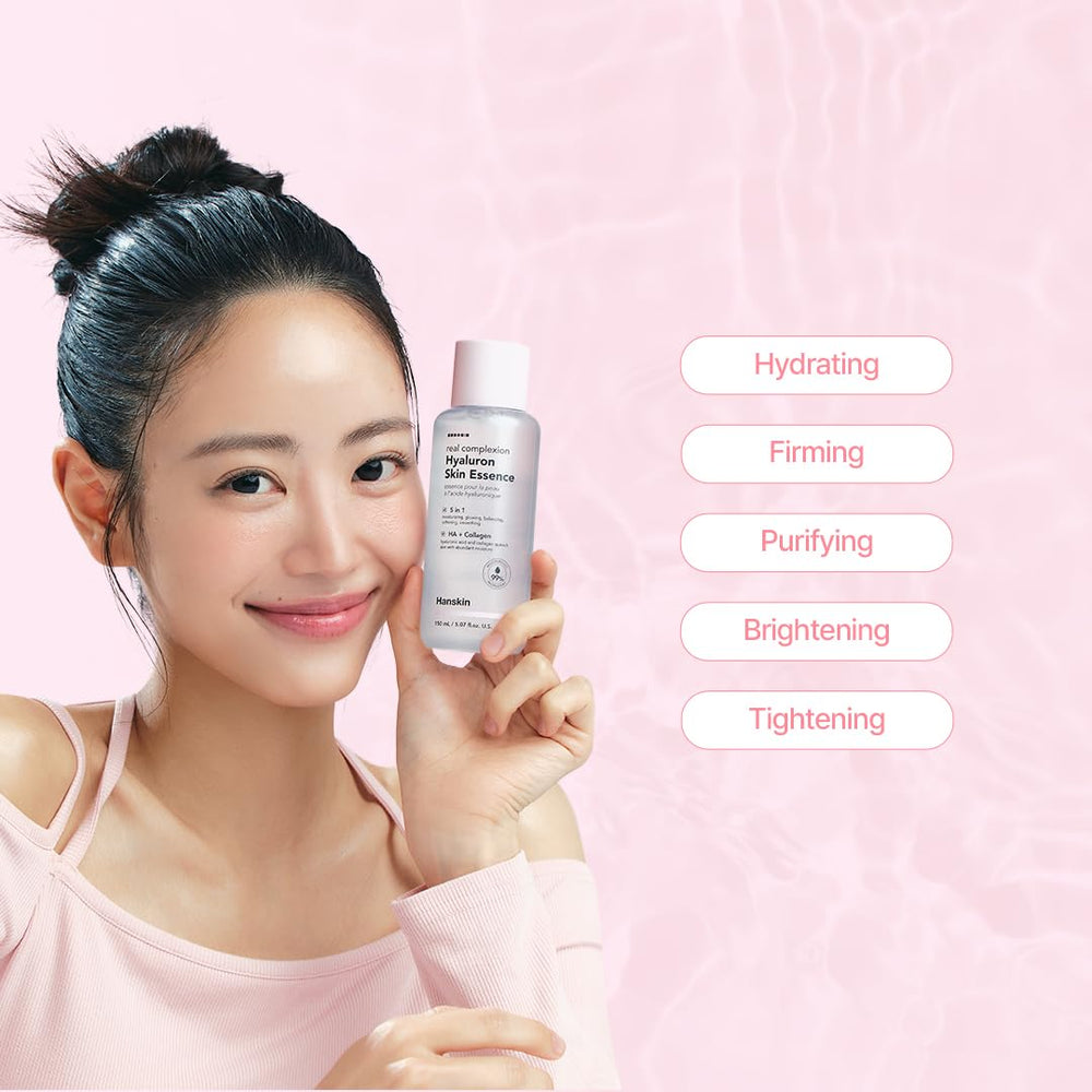 Hanskin Hyaluron Skin Essence Toner bottle angled shot for everyday hydration.