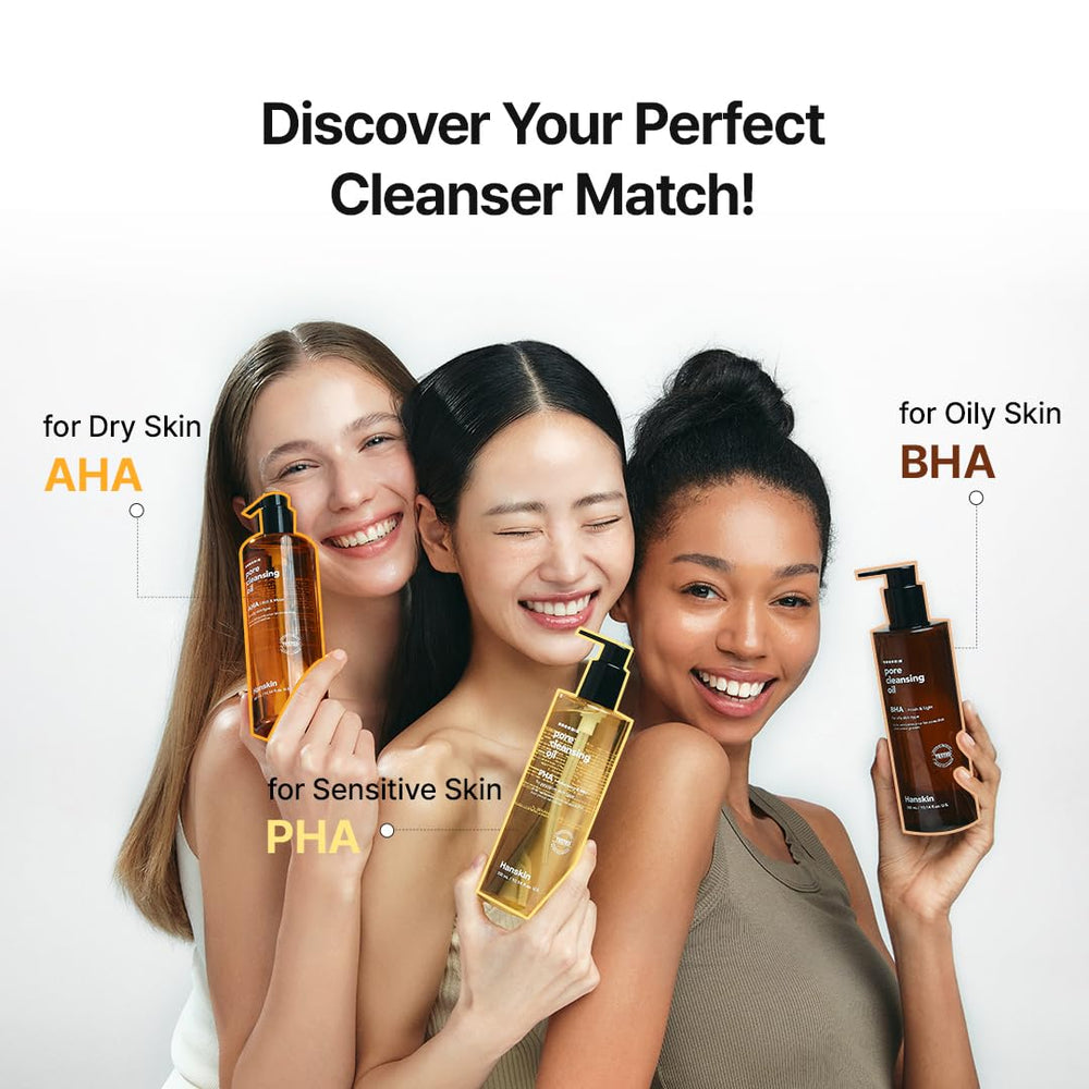 Hanskin Pore Cleansing Oil label indicates fragrance-free formula.