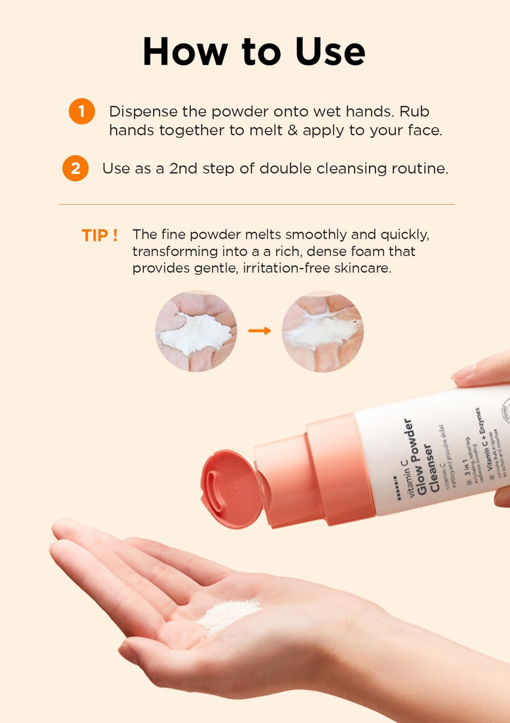 Hanskin Vitamin C Glow Powder Cleanser close-up indicates pore refining and tone refining benefits