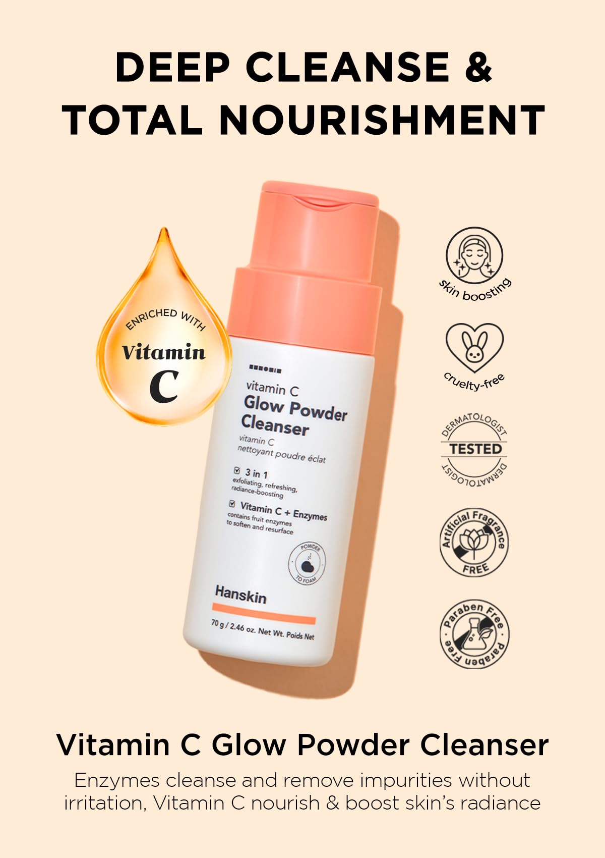 Hanskin Vitamin C Glow Powder Cleanser foaming action close-up showing gentle cleanse