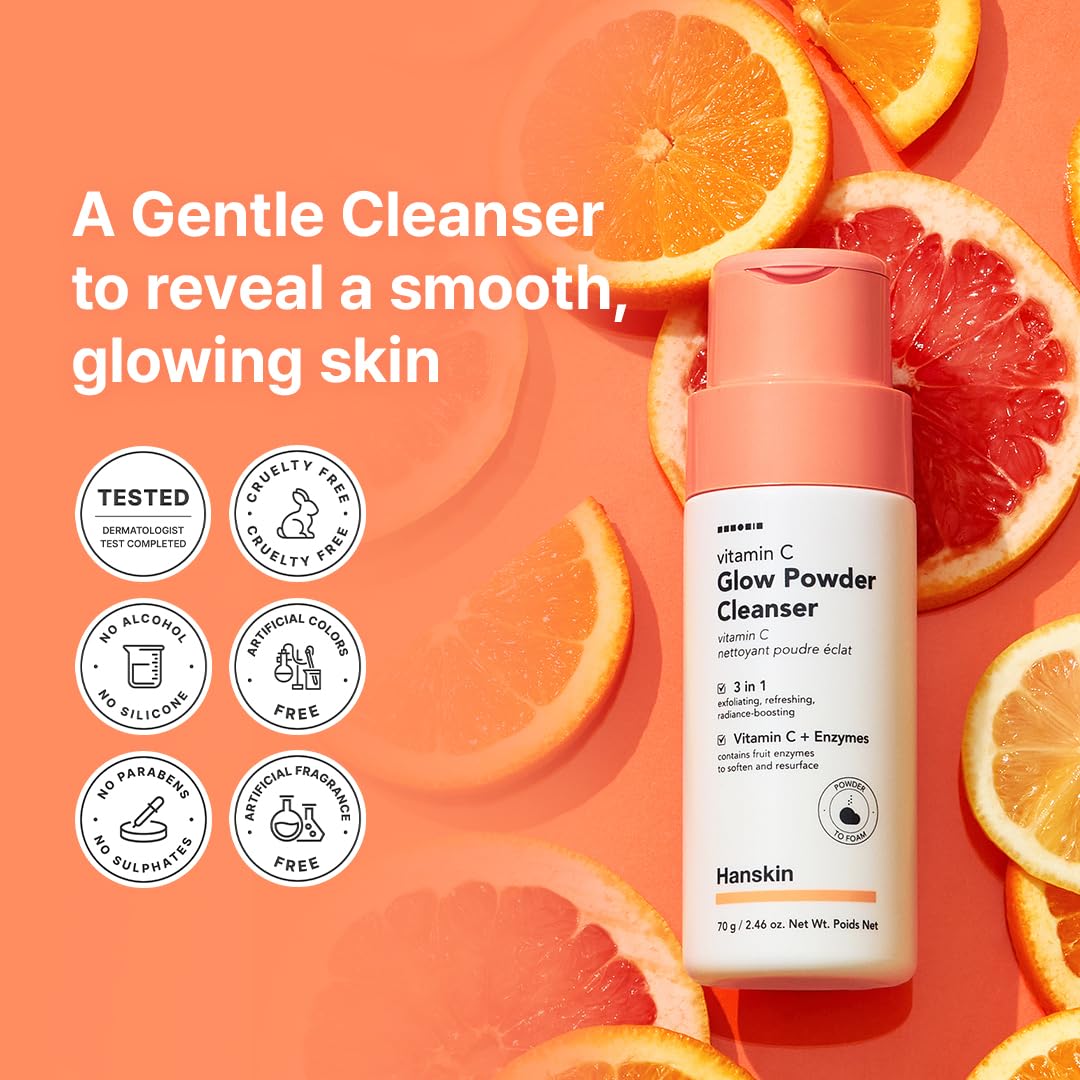 Hanskin Vitamin C Glow Powder Cleanser texture image conveys gentle coconut-derived hydration during wash