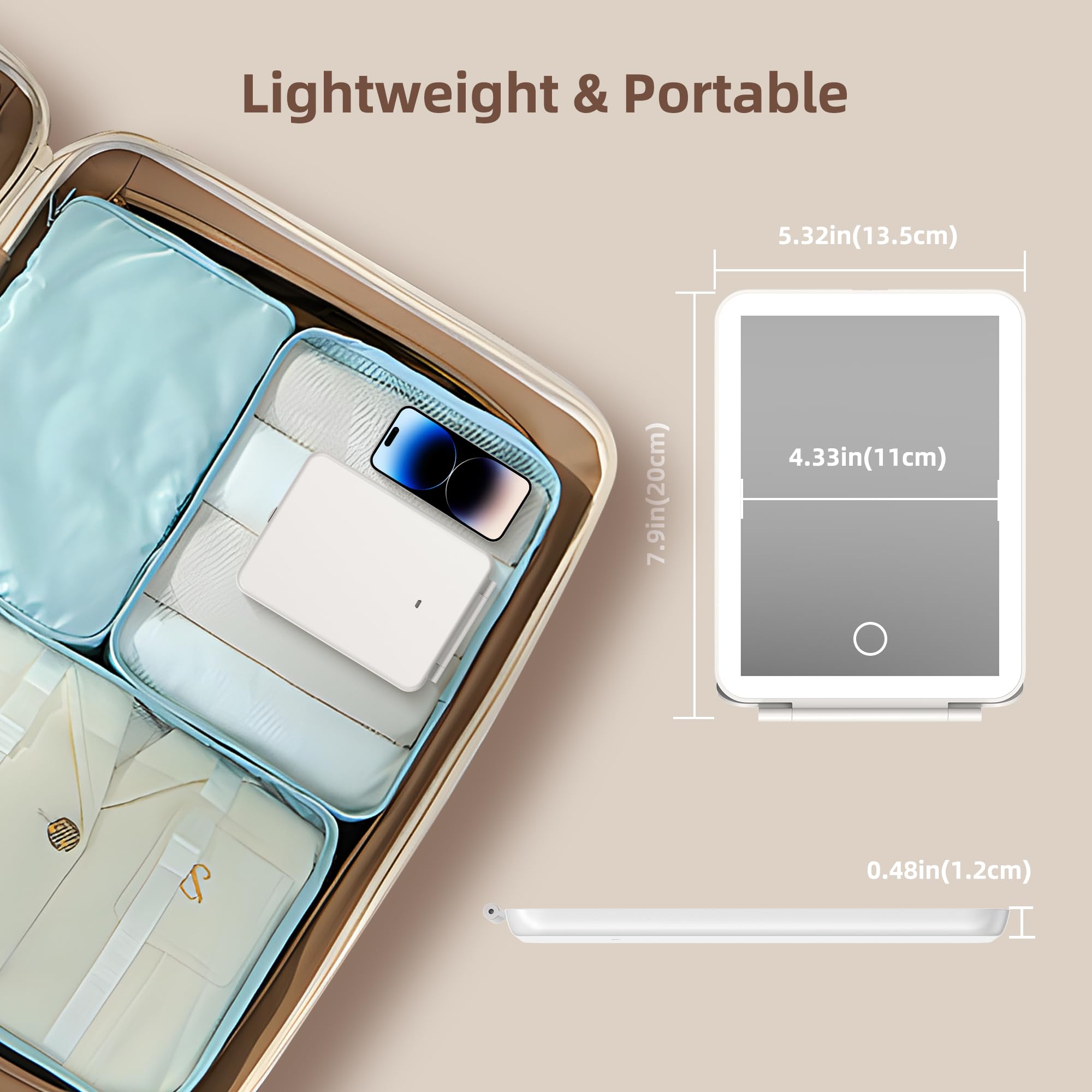 Hansong foldable makeup mirror with compact dimensions fits bags and desks.