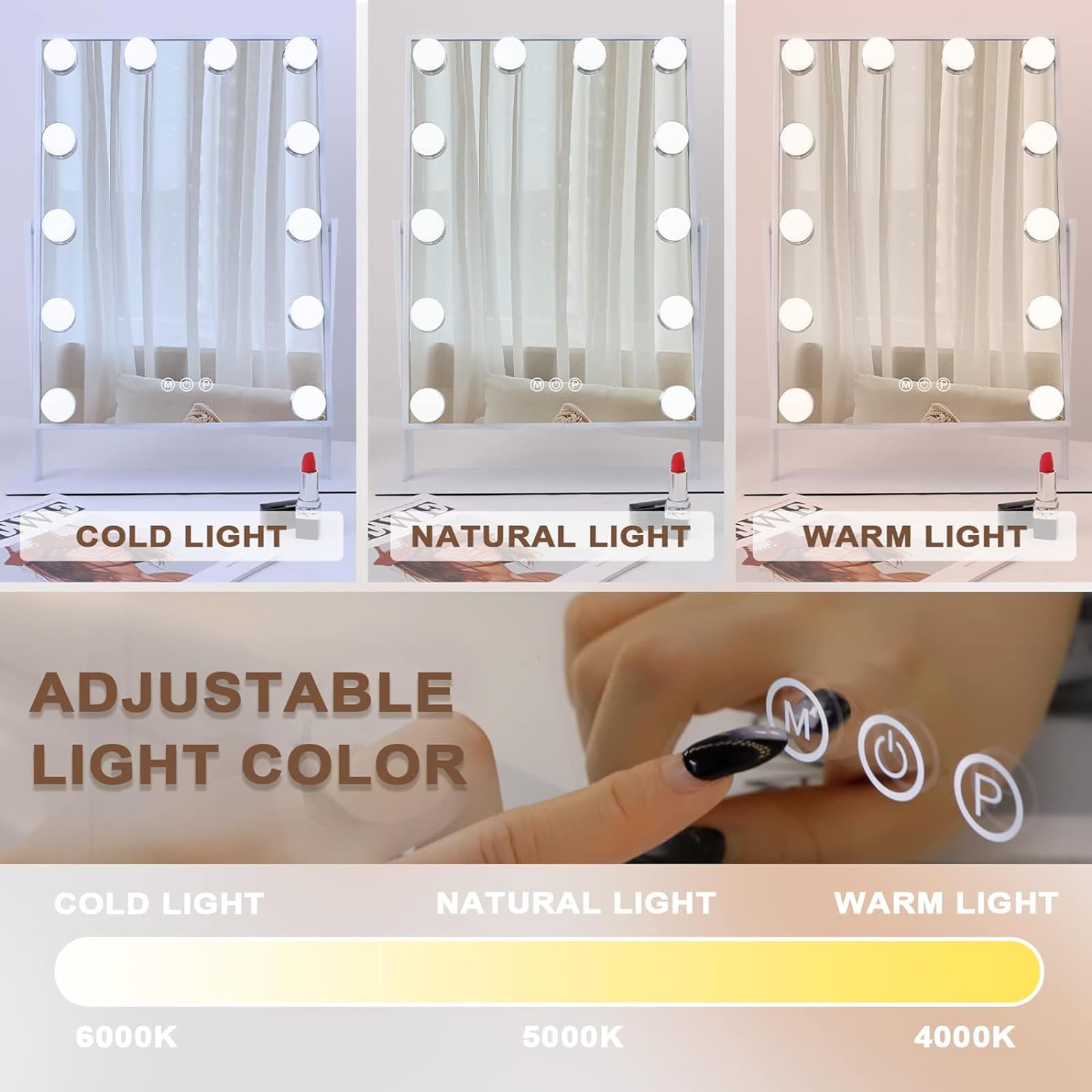 Hansong vanity mirror with 12 dimmable bulbs provides soft, eye-friendly illumination for makeup.