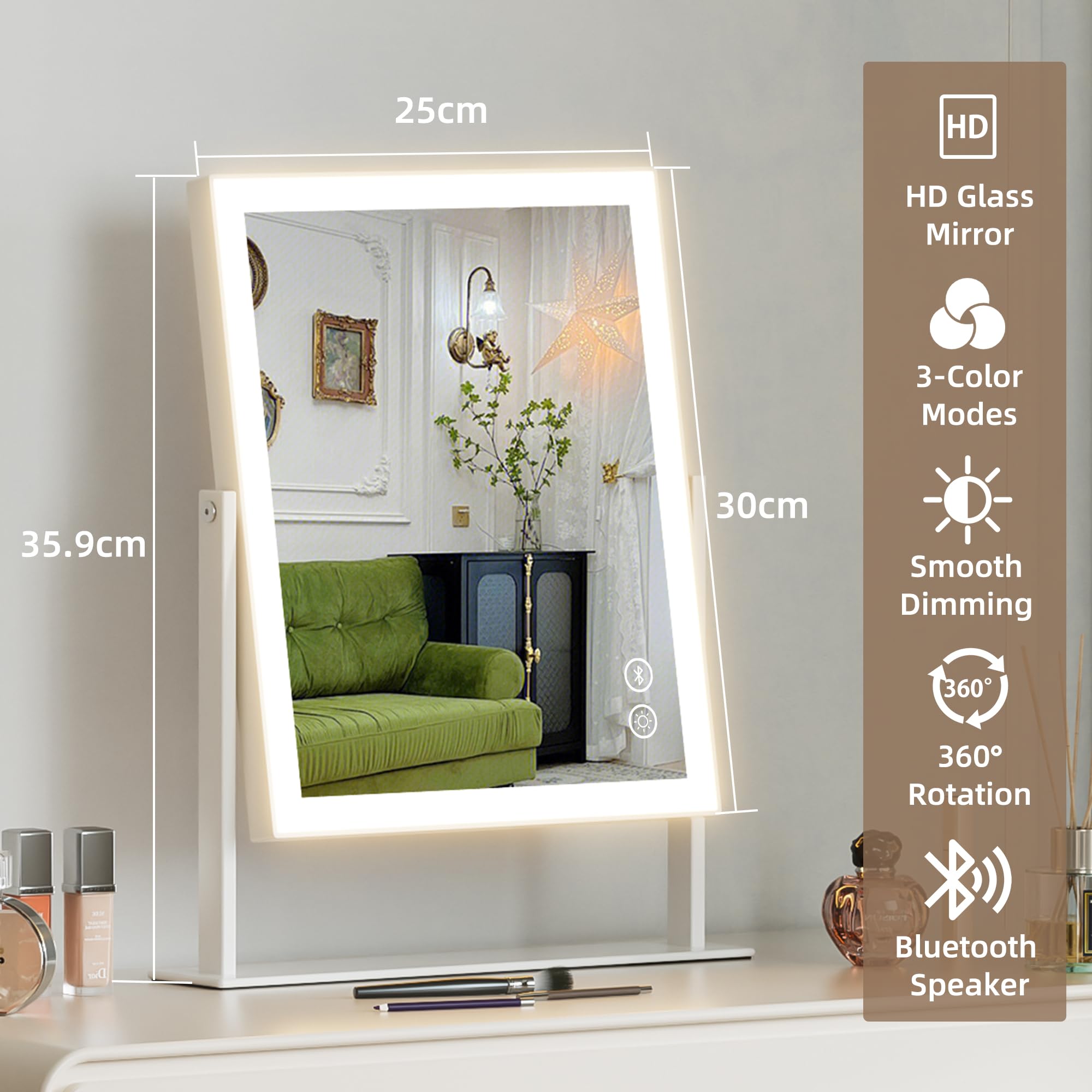 Hansong vanity mirror with lights and Bluetooth speaker enhances routine with music.