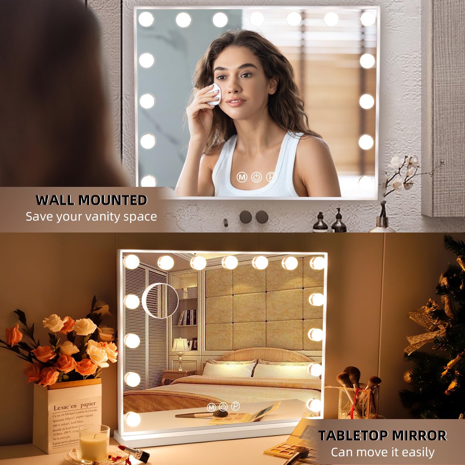 Hansong vanity mirror with lights 10x magnifier helps view details for precise makeup.