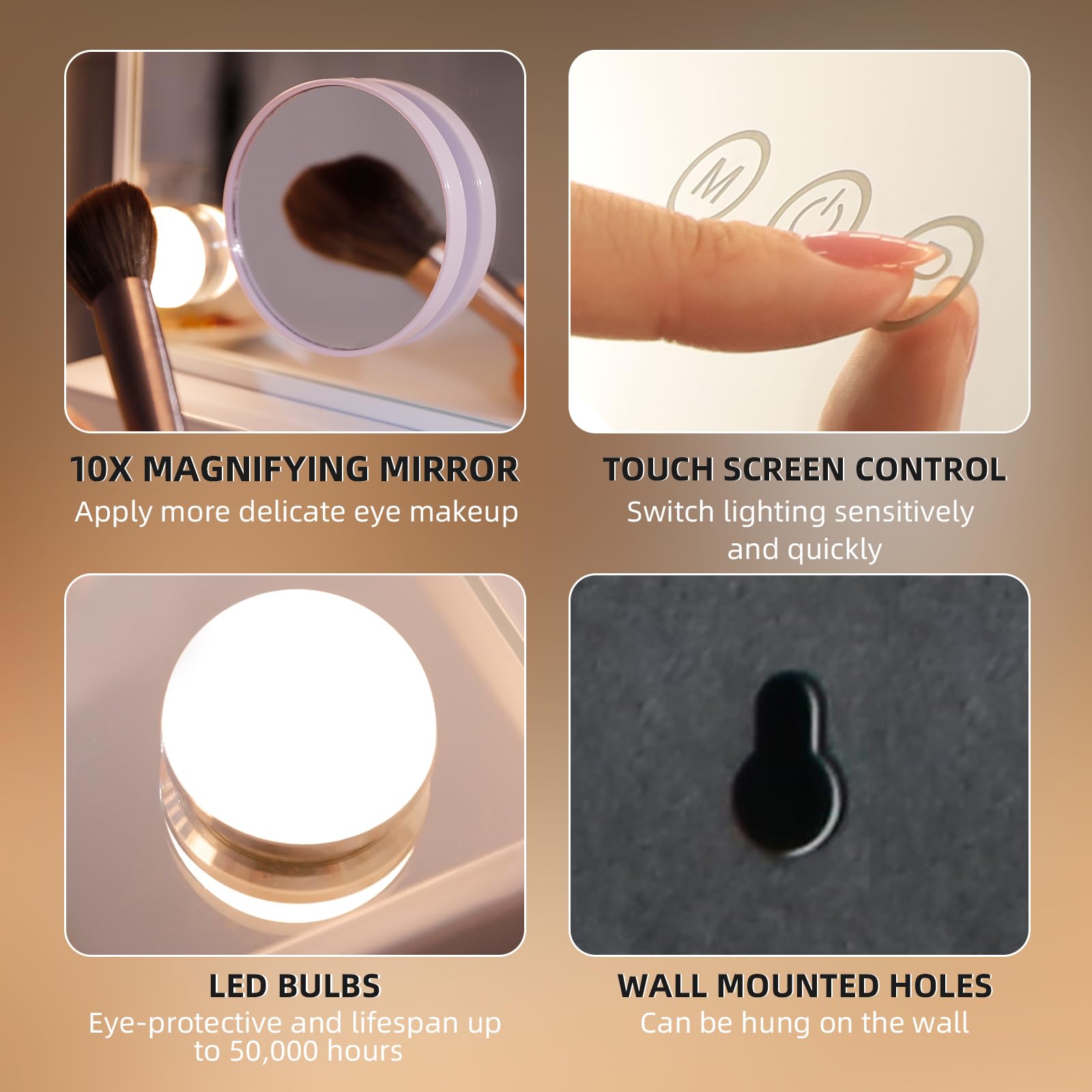 Hansong vanity mirror with lights three color modes illustrate adjustable ambience for tasks.