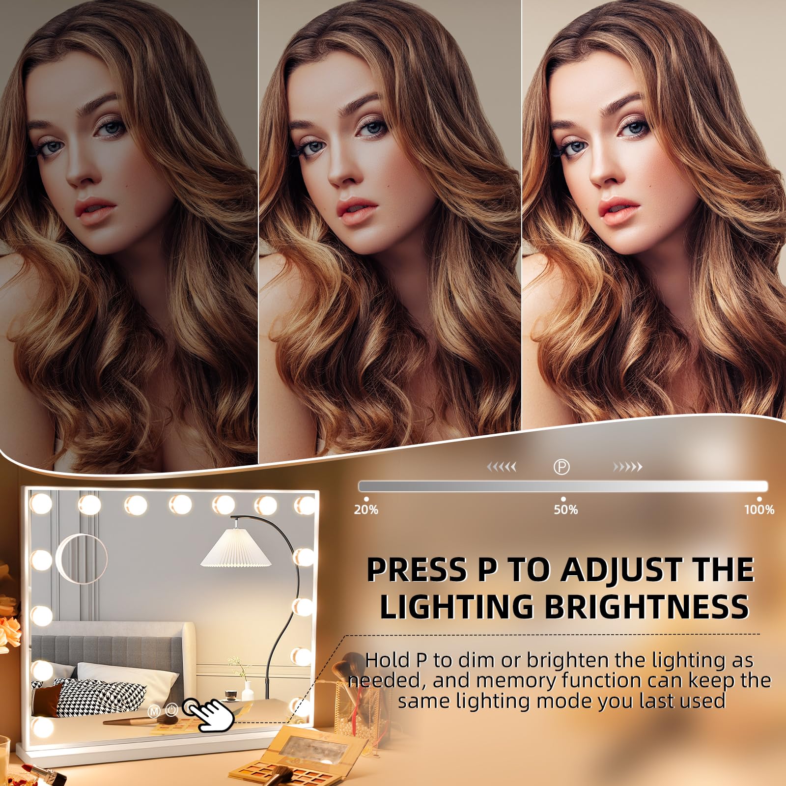 Hansong vanity mirror with lights close-up shows LED bulbs with warm and cool tones.