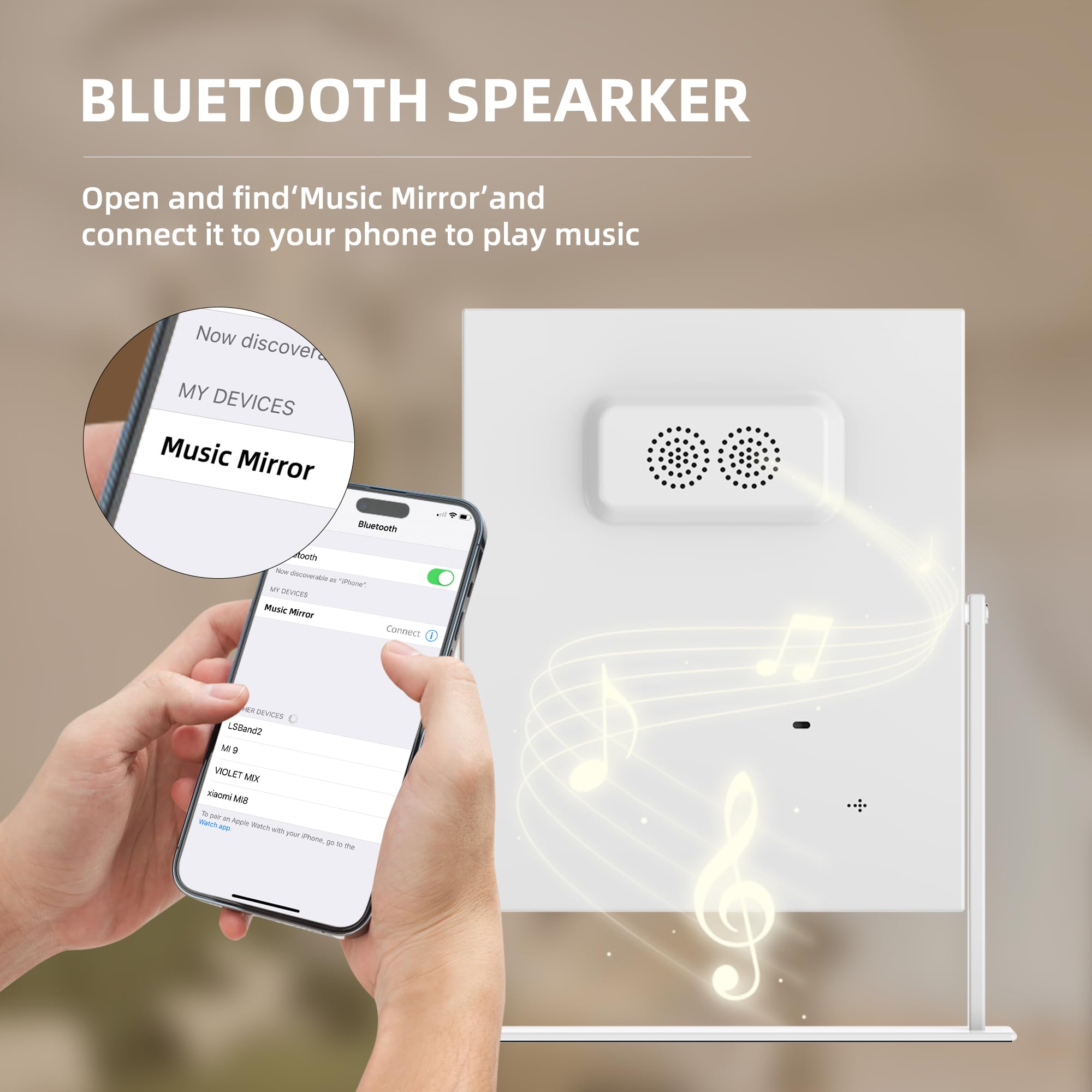 Hansong vanity mirror smart touch control enables quick brightness and speaker pairing.