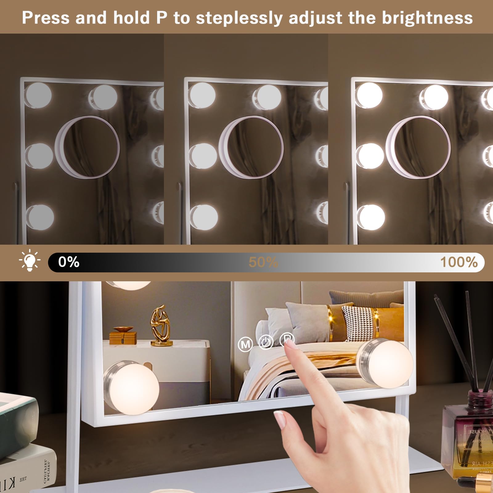 Hansong vanity mirror with lights bulbs closeup shows 9 LEDs for consistent brightness
