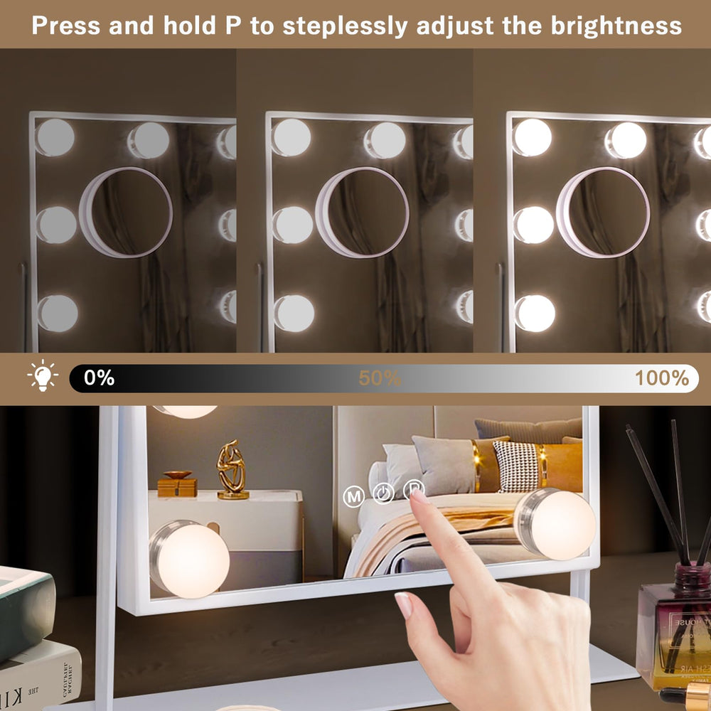 Hansong vanity mirror with lights bulbs closeup shows 9 LEDs for consistent brightness