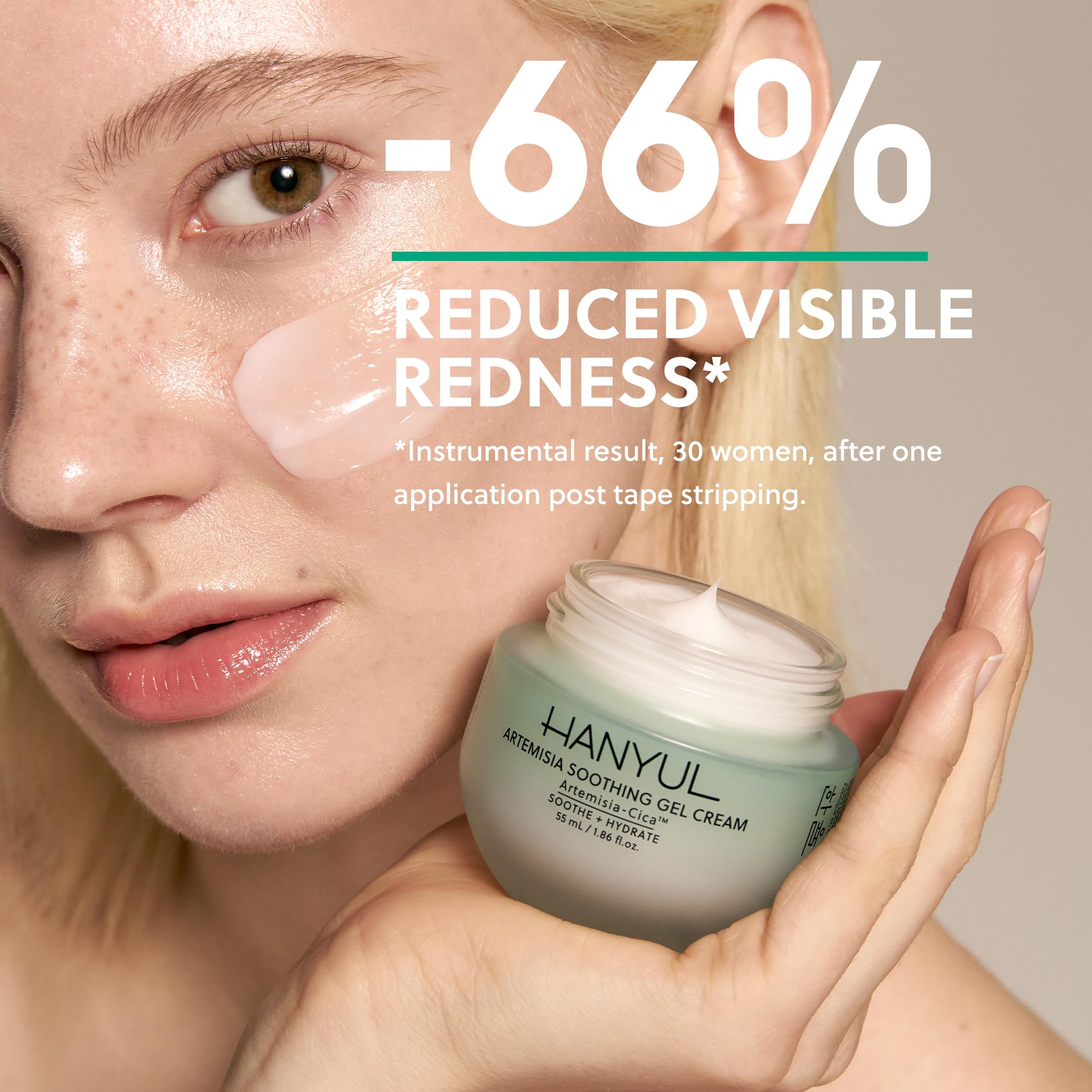 Hanyul Artemisia Soothing Gel Cream packaging highlights vegan and non-comedogenic formula.