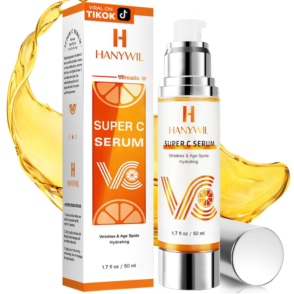 HANYWIL 20% Vitamin C serum bottle front highlighting mature-skin brightening potential.