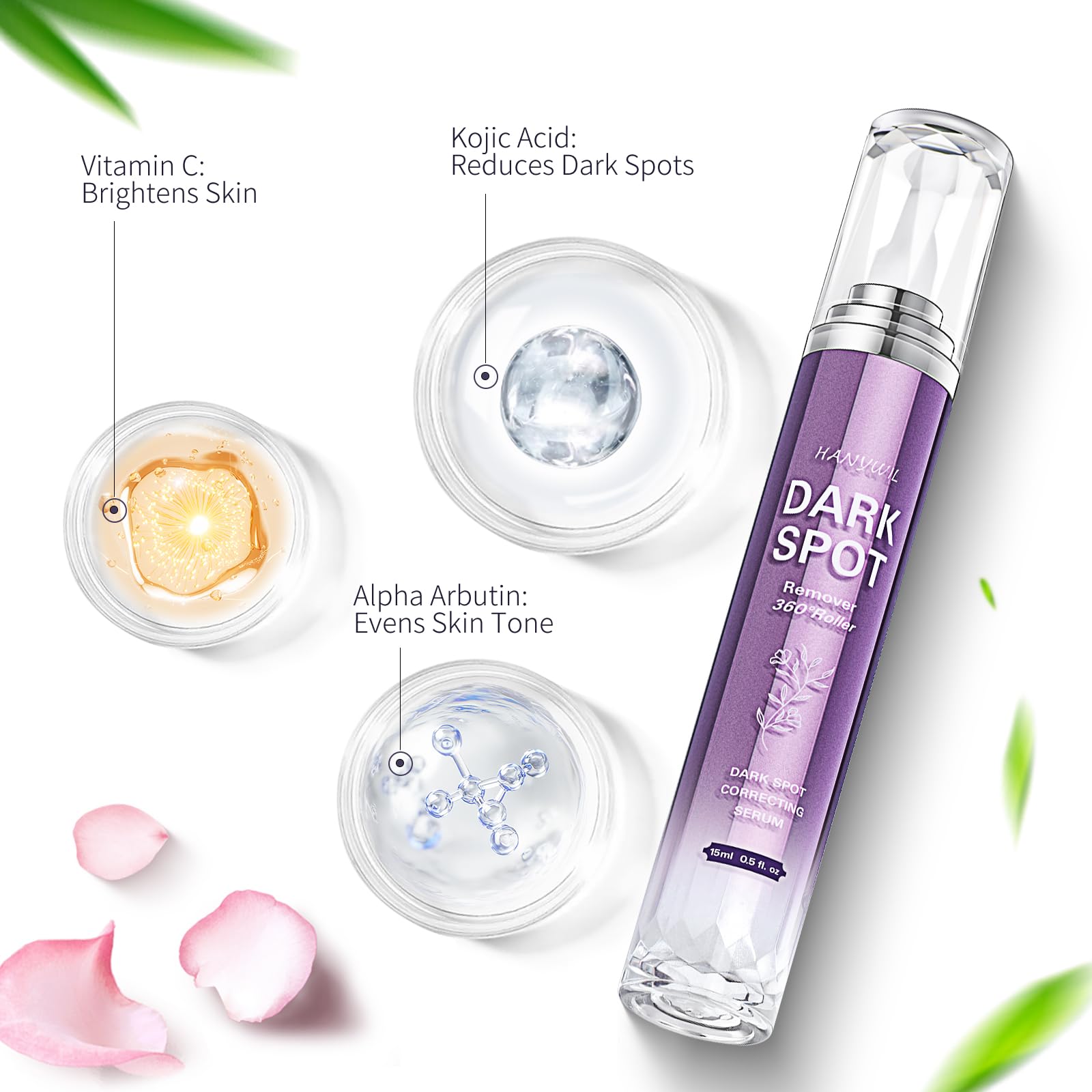 HANYWIL Dark Spot Remover bottle close-up highlights fast-absorbing serum for quick results.