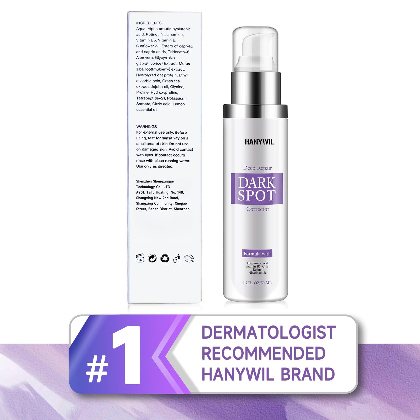 HANYWIL label shows dermatologist-tested seal