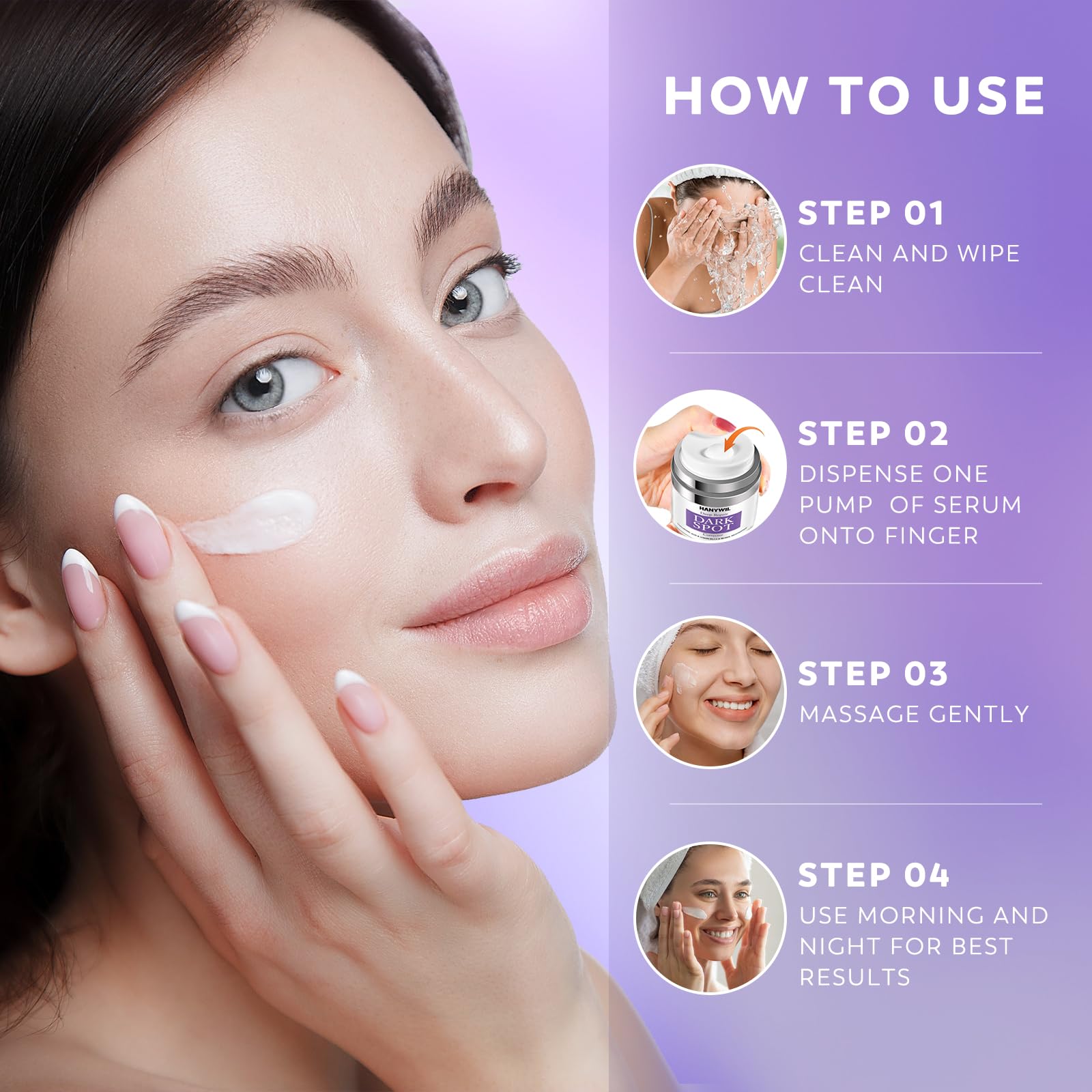 HANYWIL ingredients close-up highlighting niacinamide and vitamin e as key actives.