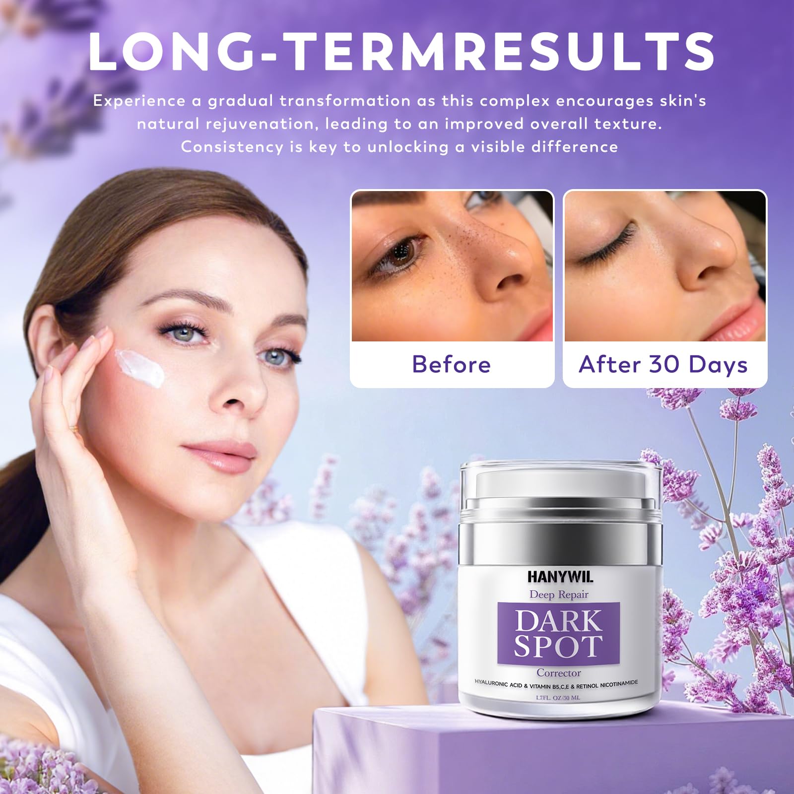 HANYWIL serum texture close-up shows lightweight formula with quick absorption for fading spots on the face.