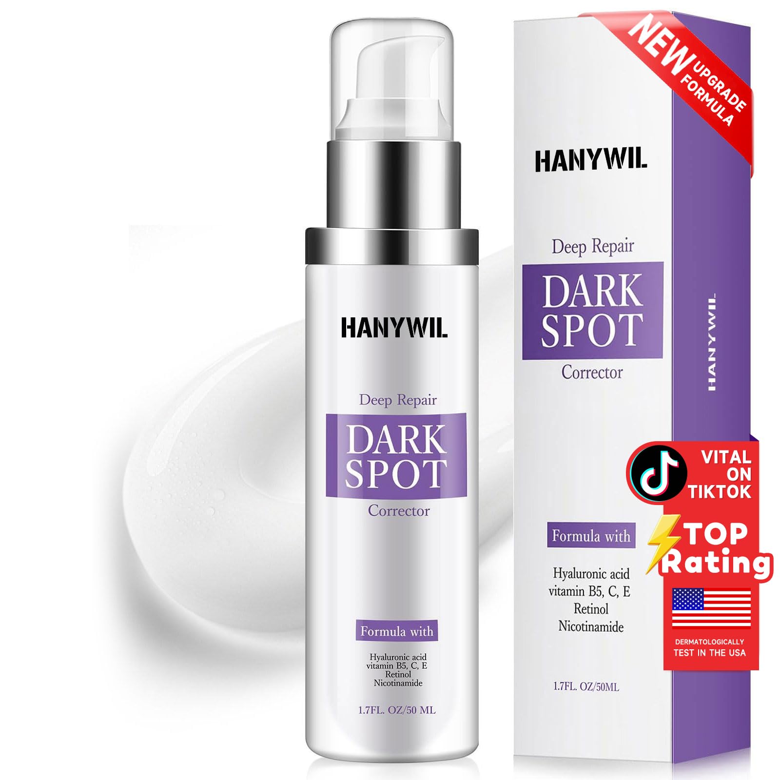 HANYWIL Dark Spot Remover serum bottle shows targeted brightening for even skin tone
