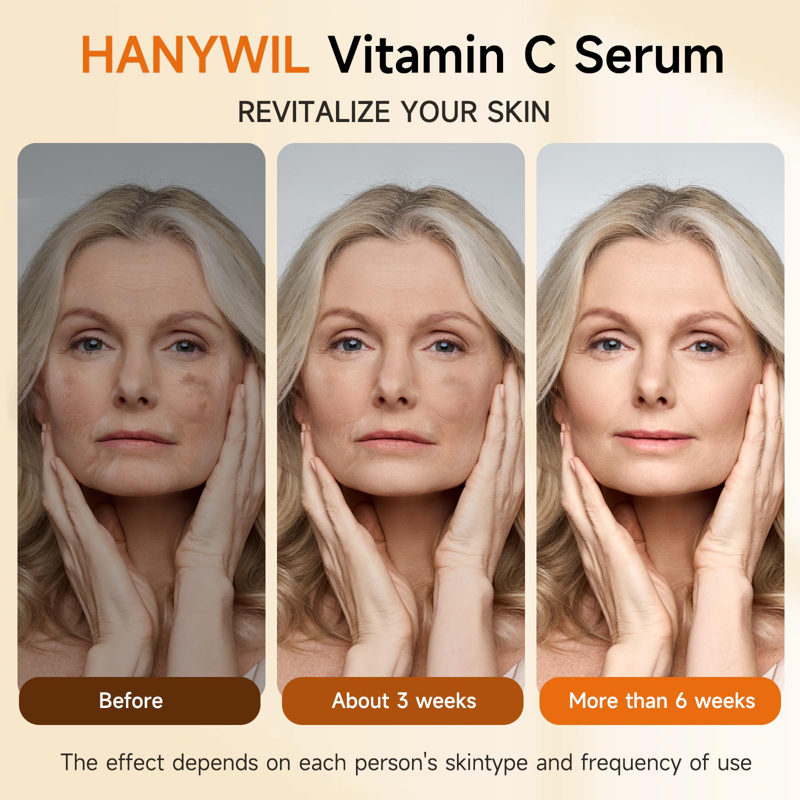 HANYWIL serum on cheek illustrates potential for smoother, brighter skin.