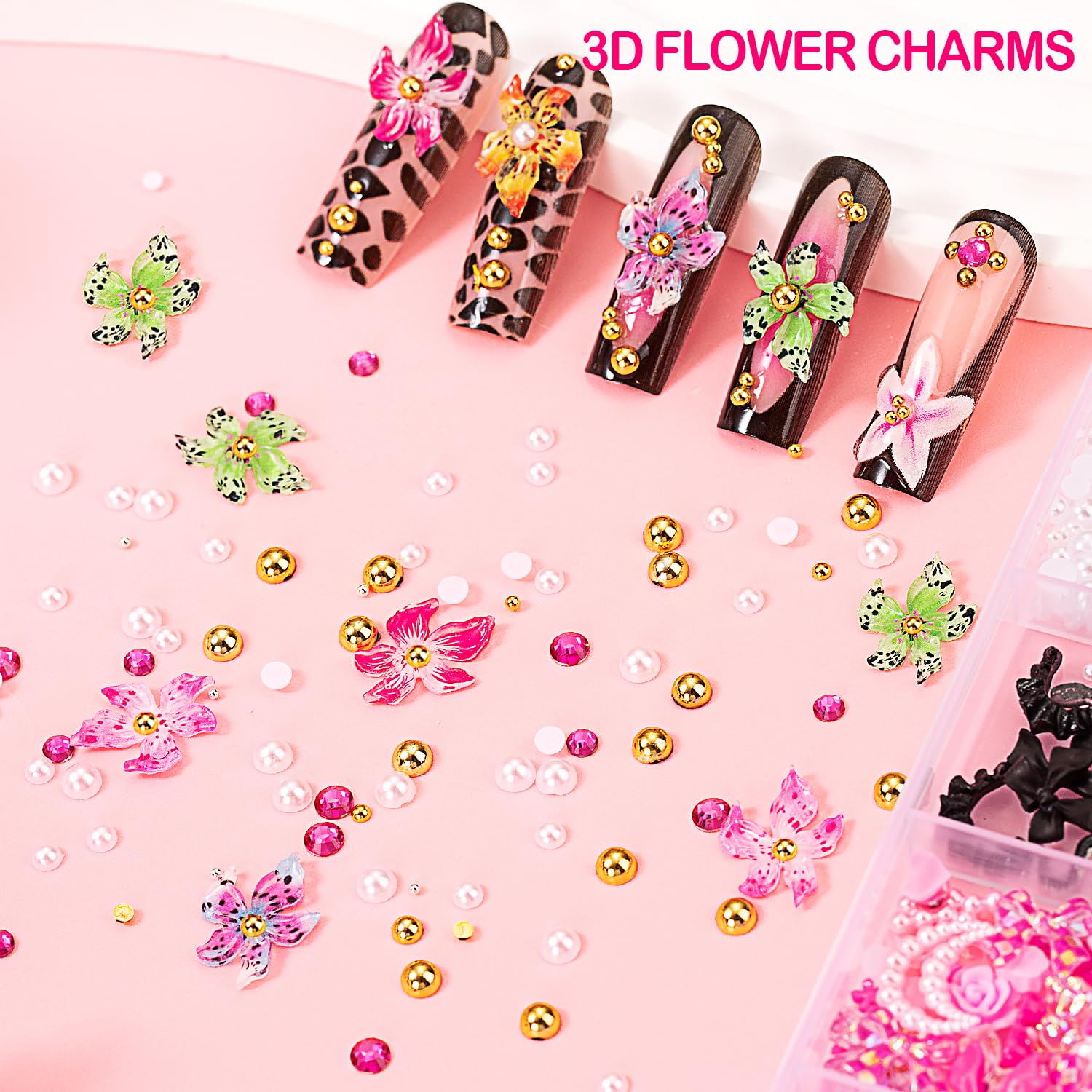Haozher flat-back rhinestones and pearls close-up for seamless nail adhesion