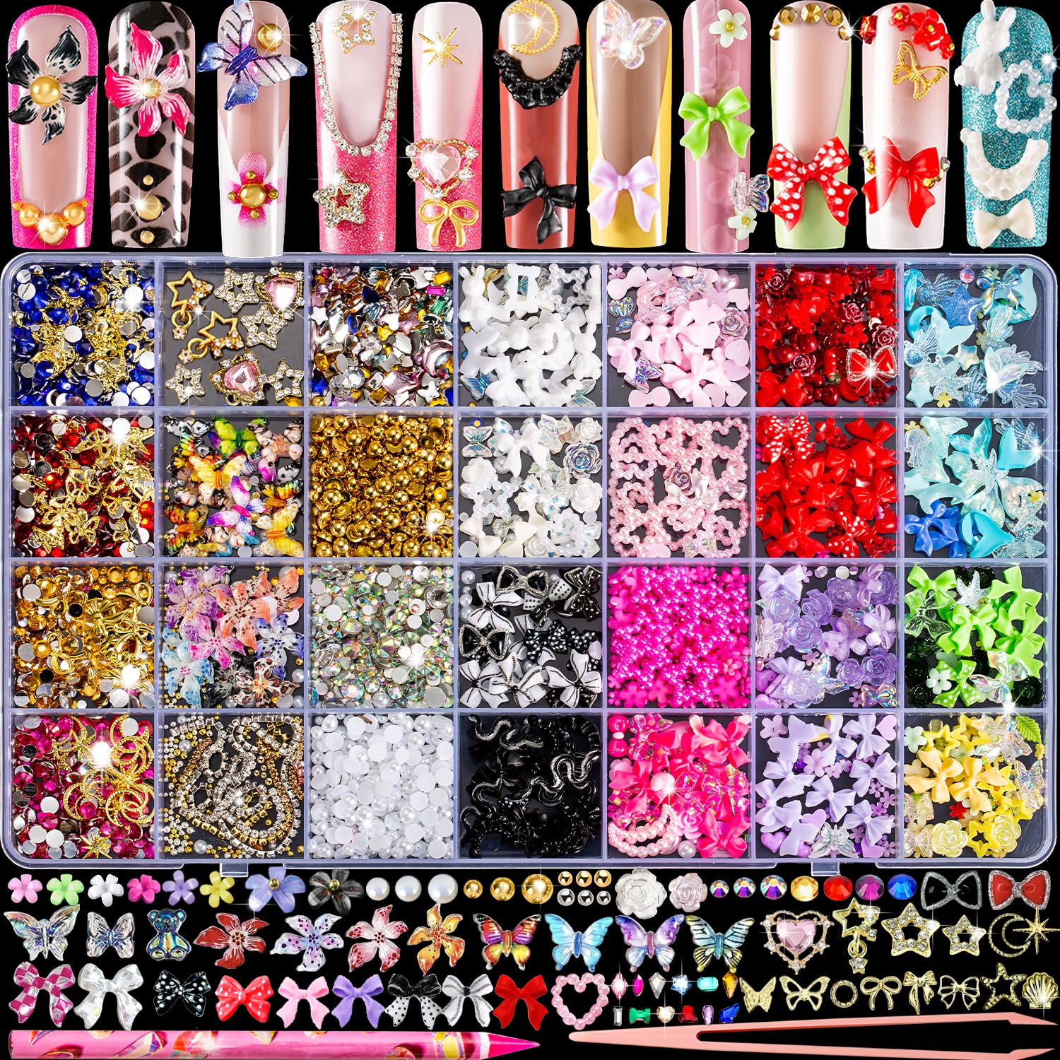 Haozher nail art charms case display shows varied designs for personalized DIY nails